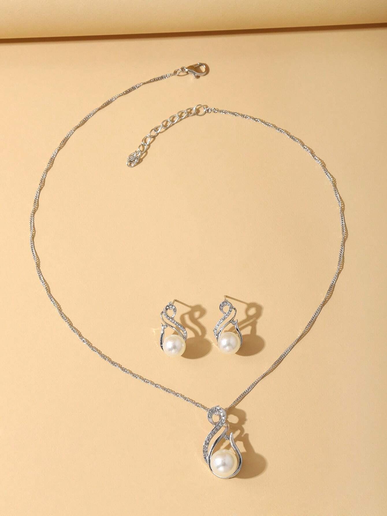 1Pc Charming Water Drop Shaped Rhinestone & Faux Pearl Pendant Necklace and 1Pair Earrings, Birthday/Festival Gift for Women