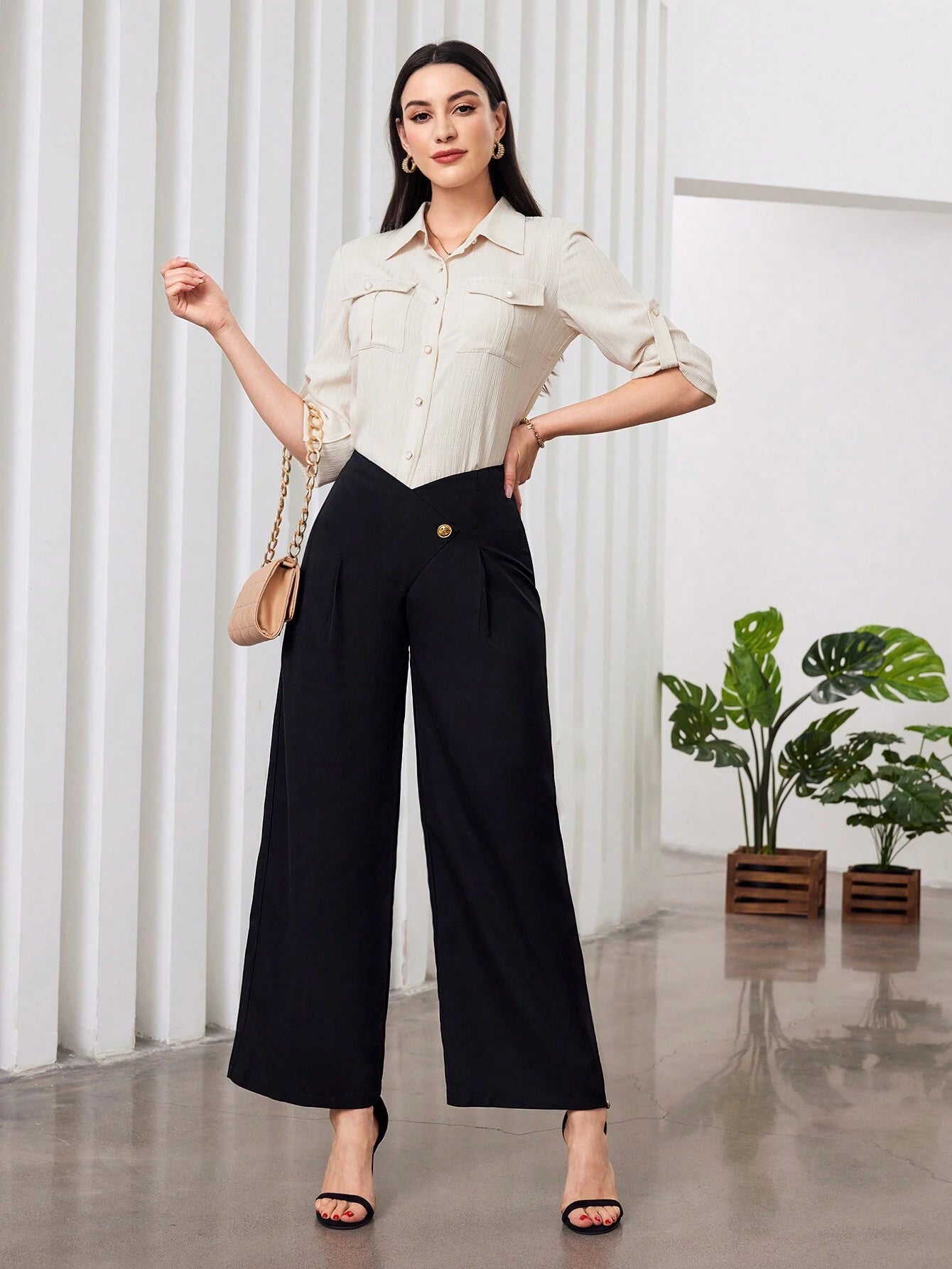 Modely Solid Color High-Waist Wide Leg Pants