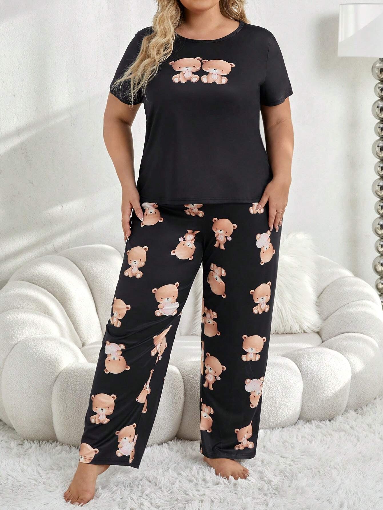 Plus Size Bear Print Homewear Suit