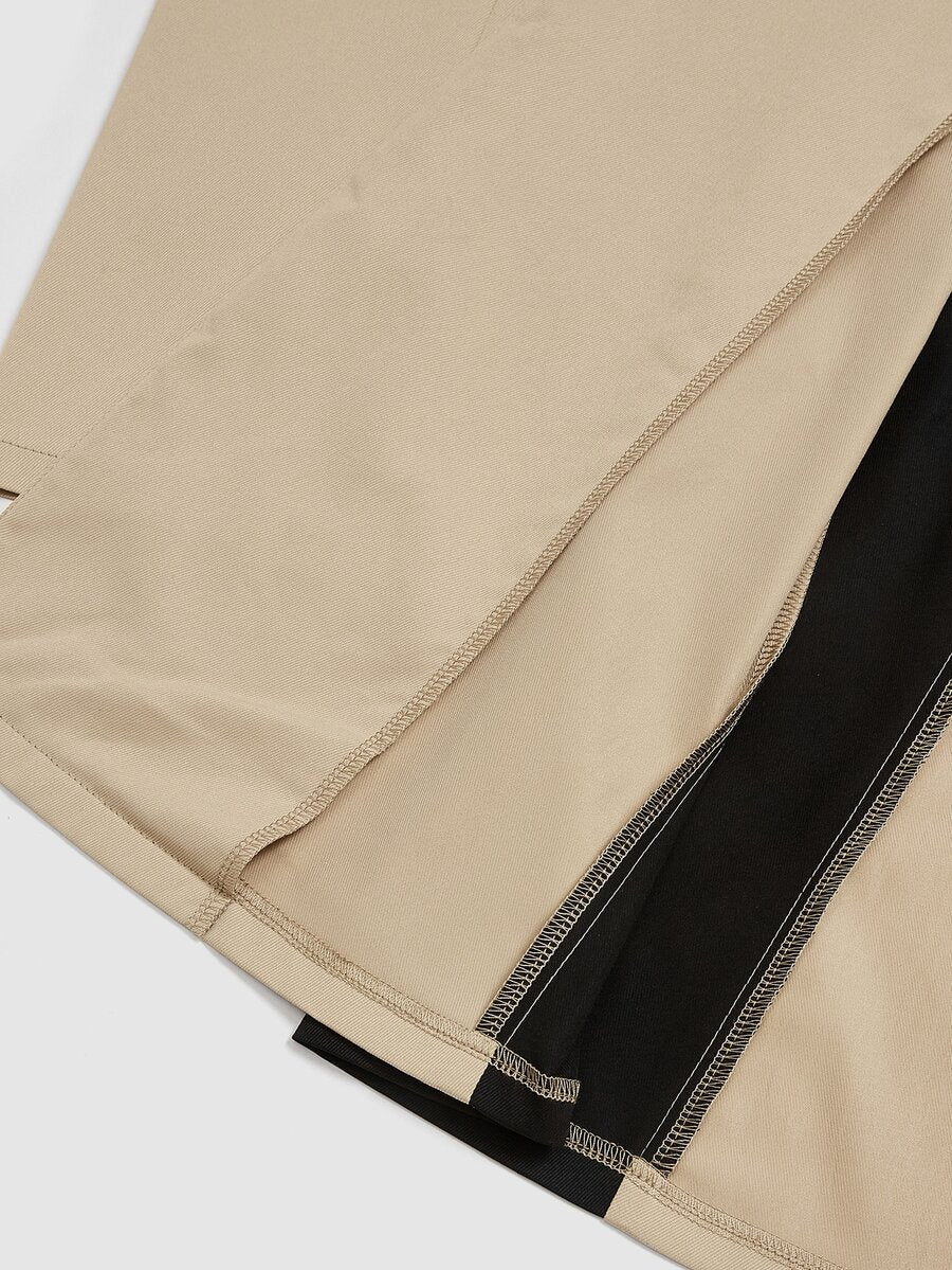 SHEIN Elenzga معطف ترنش نسائي بلون كاكي وأسود مخطط مزدوج الصدر بحزام