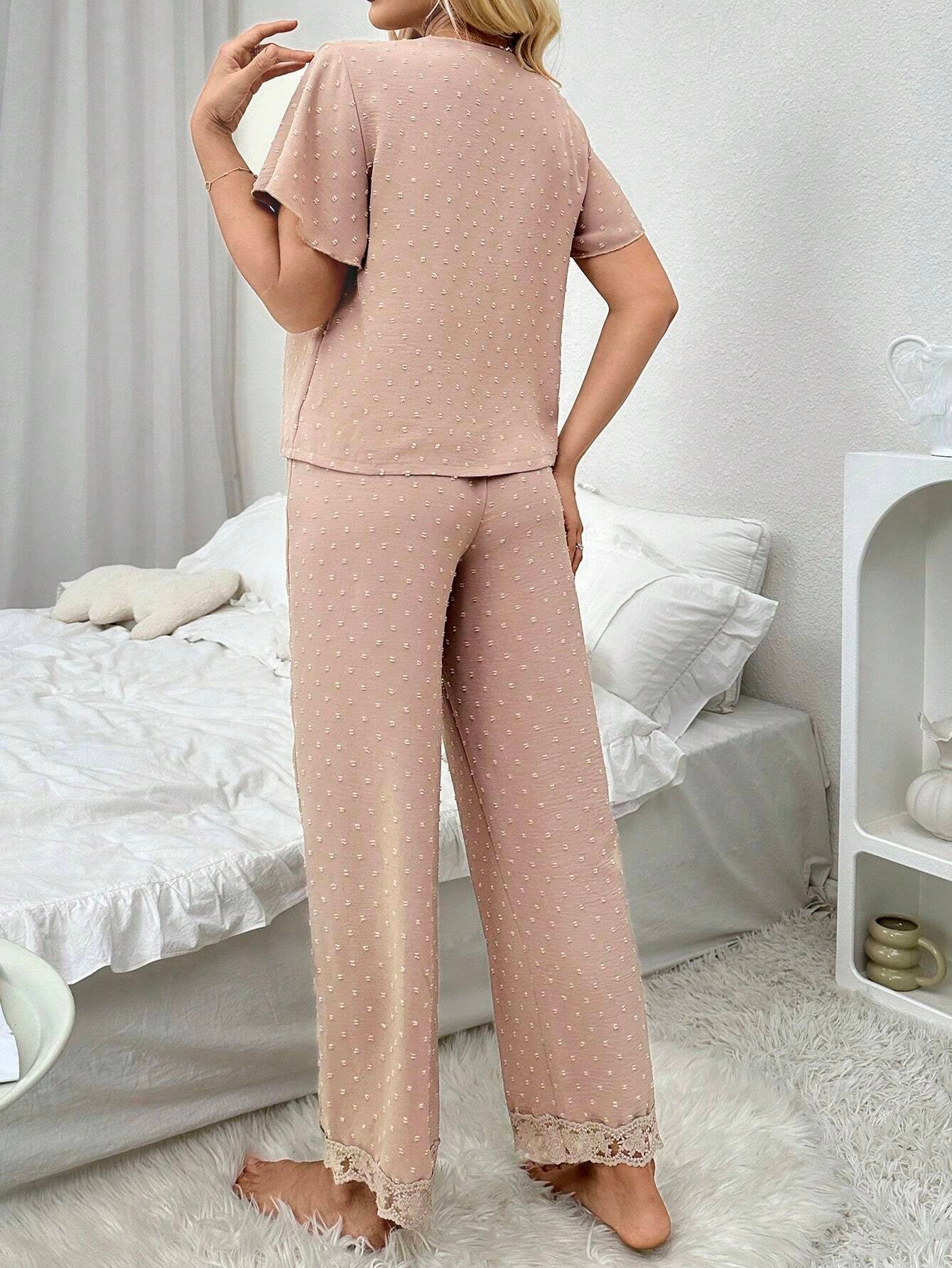 Pom-Pom Jacquard V-Neck Embroidered Lace Short Sleeve Top and Pants Ladies' Pajama Set