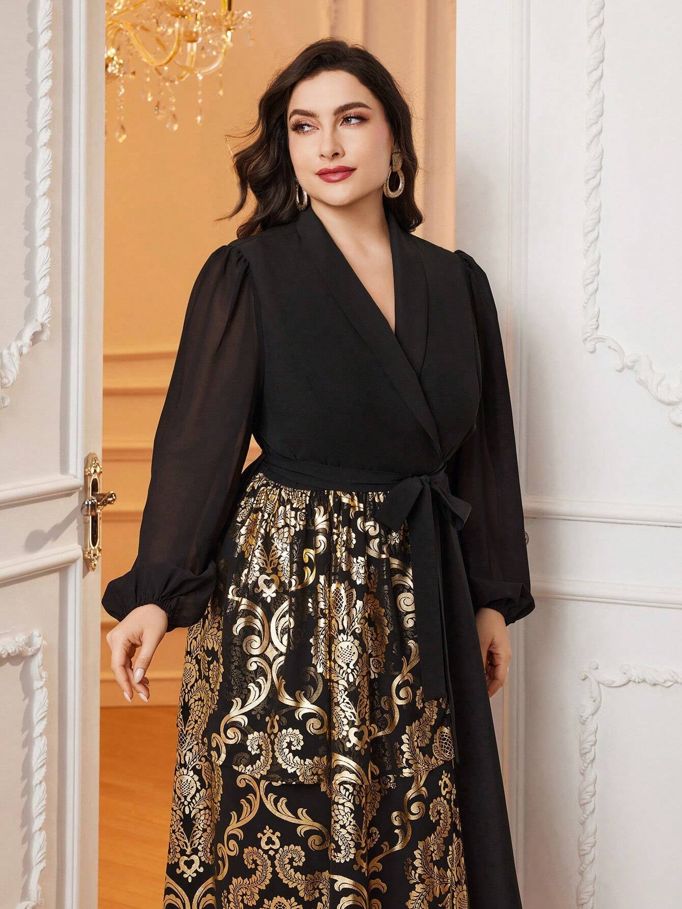Modely plus Size Lantern Sleeves Belted Shirt Dress