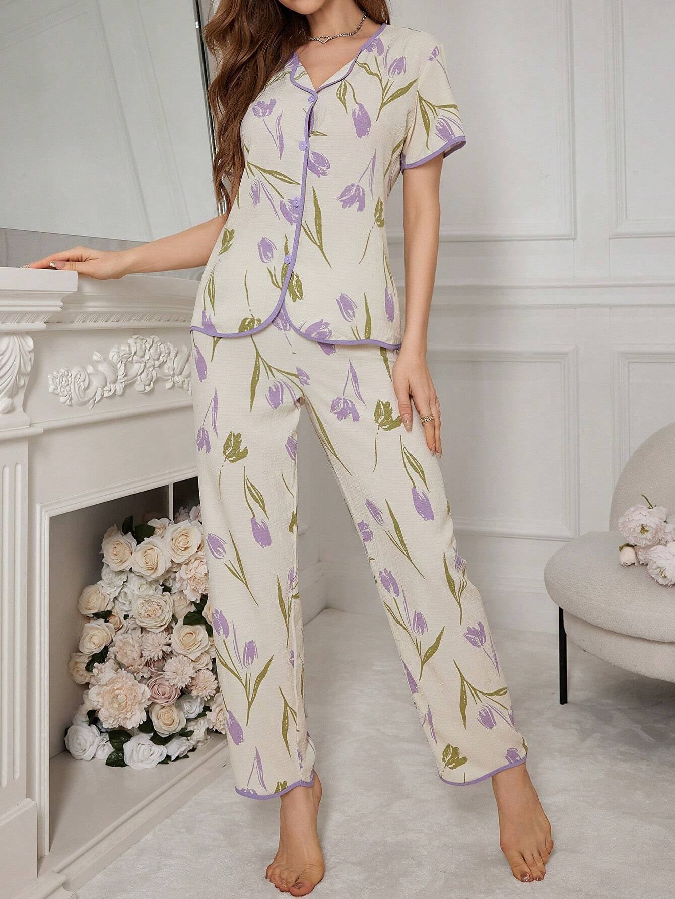 Floral Print Contrast-Edge Short Sleeve and Long Pants Pajama Set