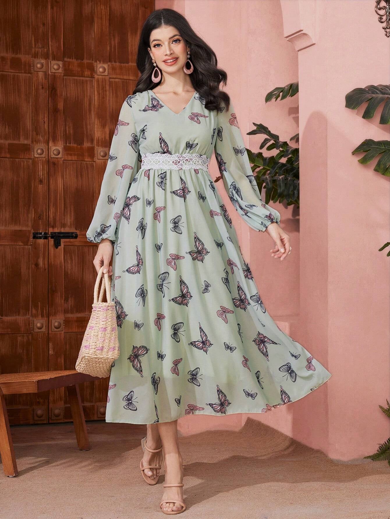 Modely Butterfly Printed V-Neck Patchwork Lace Tape Lantern Sleeve Dress