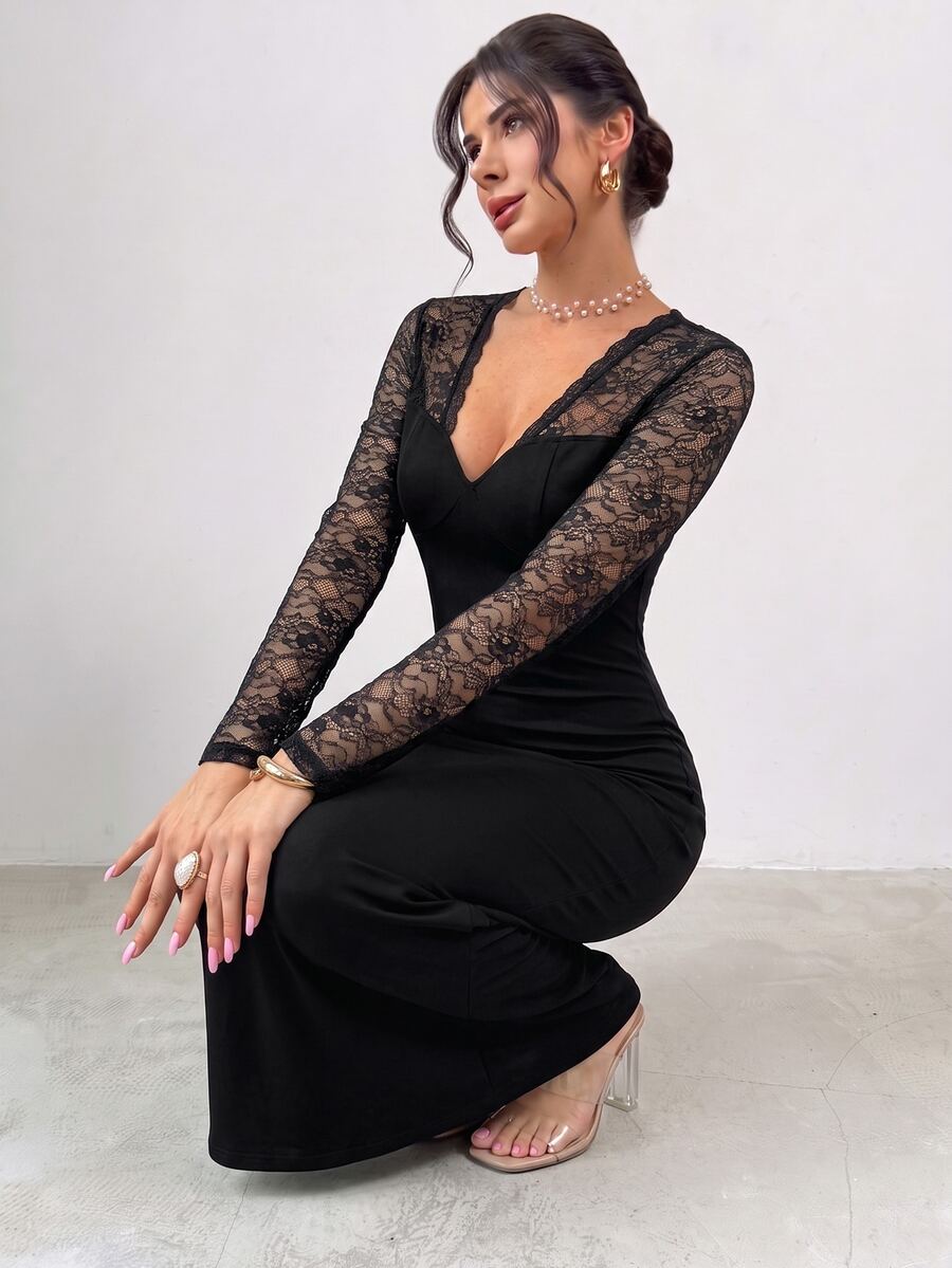 SHEIN Firerie فستان أسود بتفاصيل دانتيل وأكمام طويلة