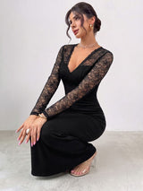 SHEIN Firerie فستان أسود بتفاصيل دانتيل وأكمام طويلة