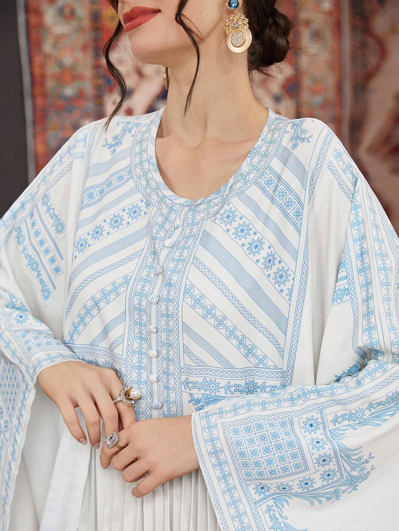 Najma Women'S Loose Fit Kaftan with Contrasting Colors & Printed round Neckline