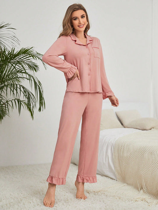 Ruffle Trim Pocket Patched Button Front Shirt & Ruffle Hem Pants PJ Set