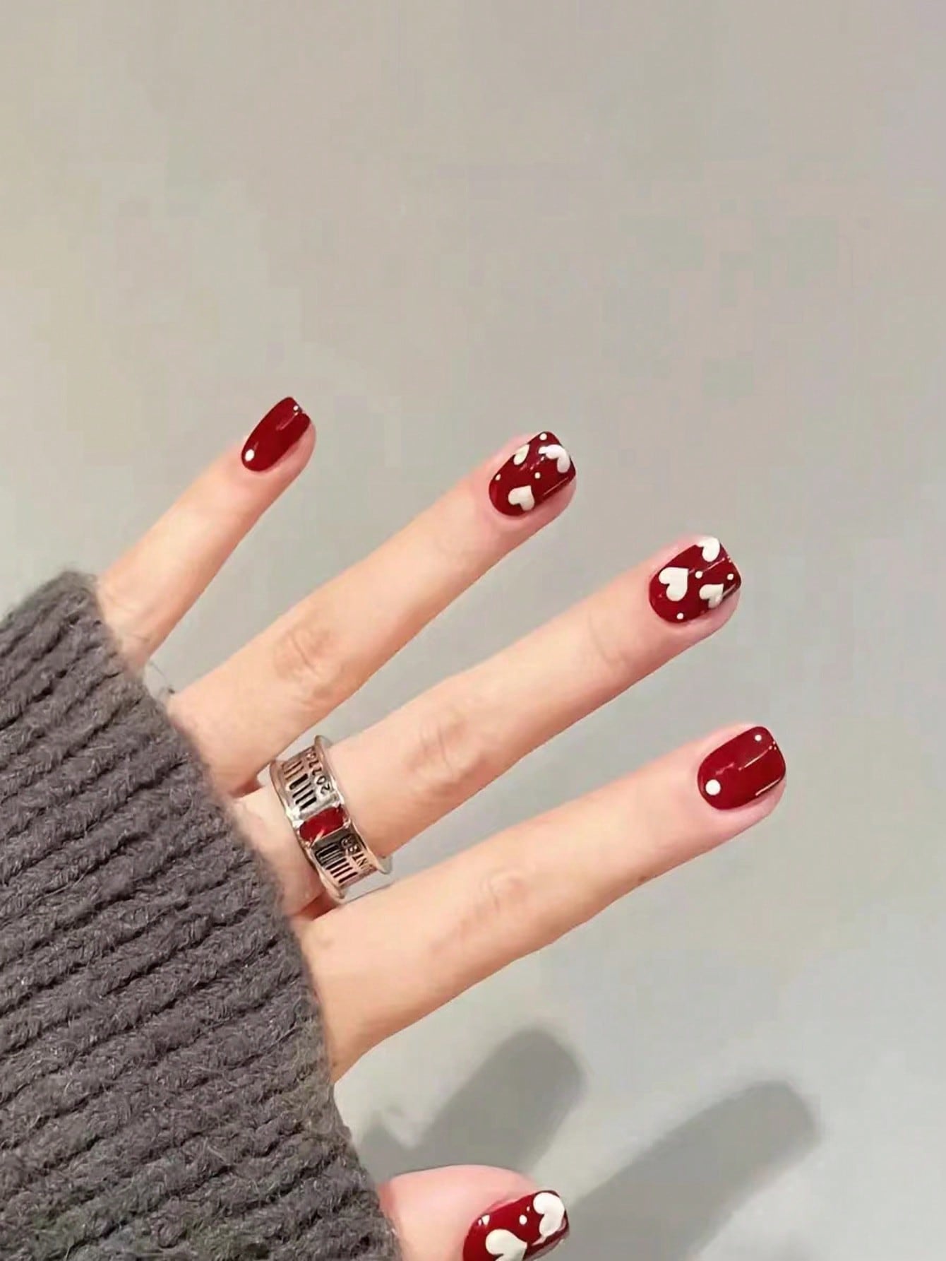 Elevate Your Style with 24Pcs Short Square Bright Red White Heart Pattern Full Cover Fake Nail Set