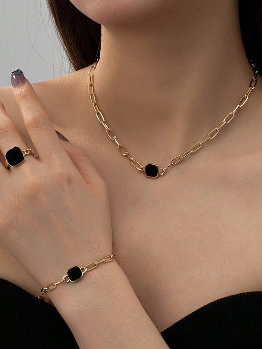 A Set of Black Square Necklaces, Bracelets, Rings, Retro Fashion Sets