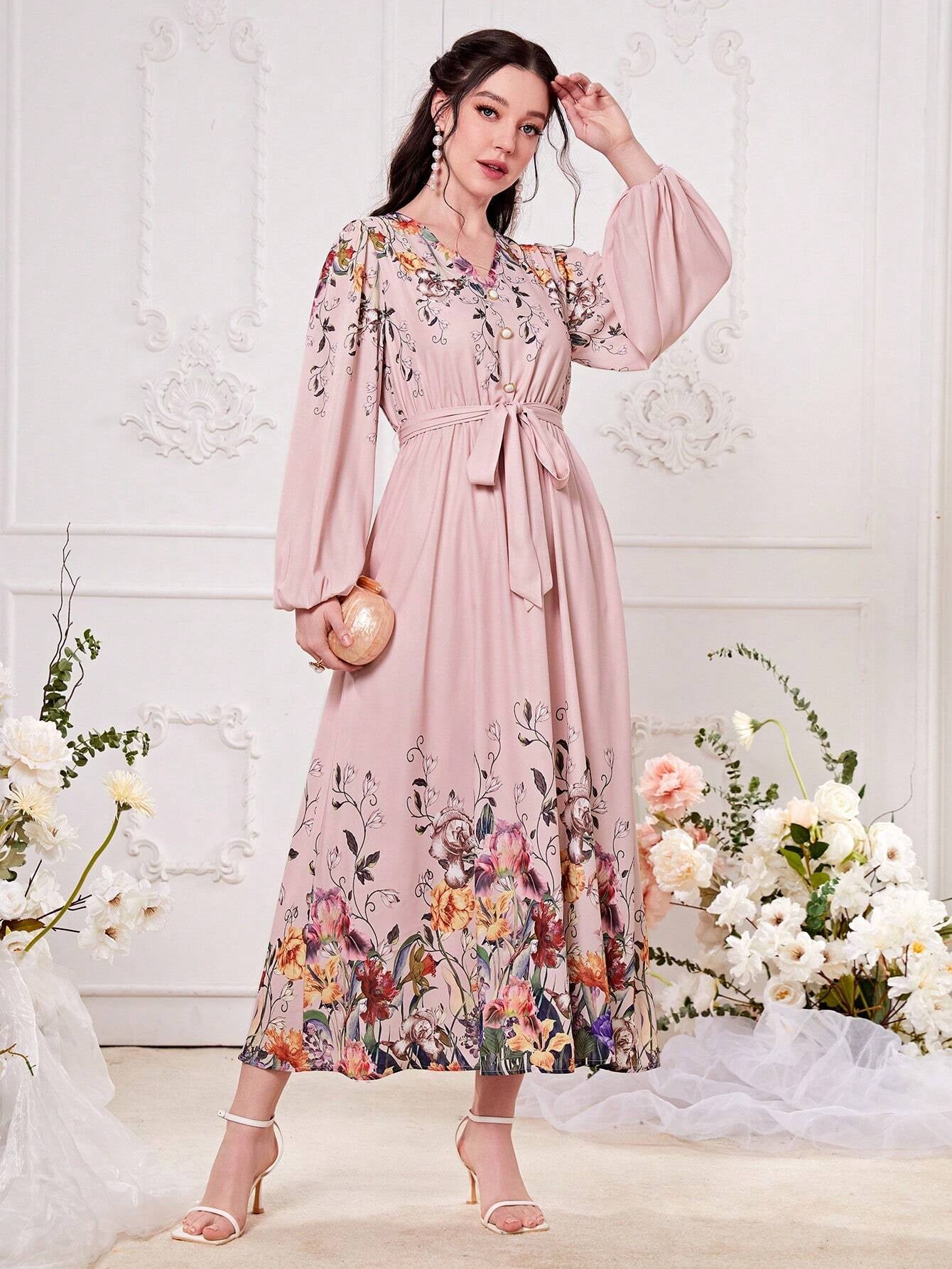 Modely Floral Print Lantern Sleeve Belted Dress