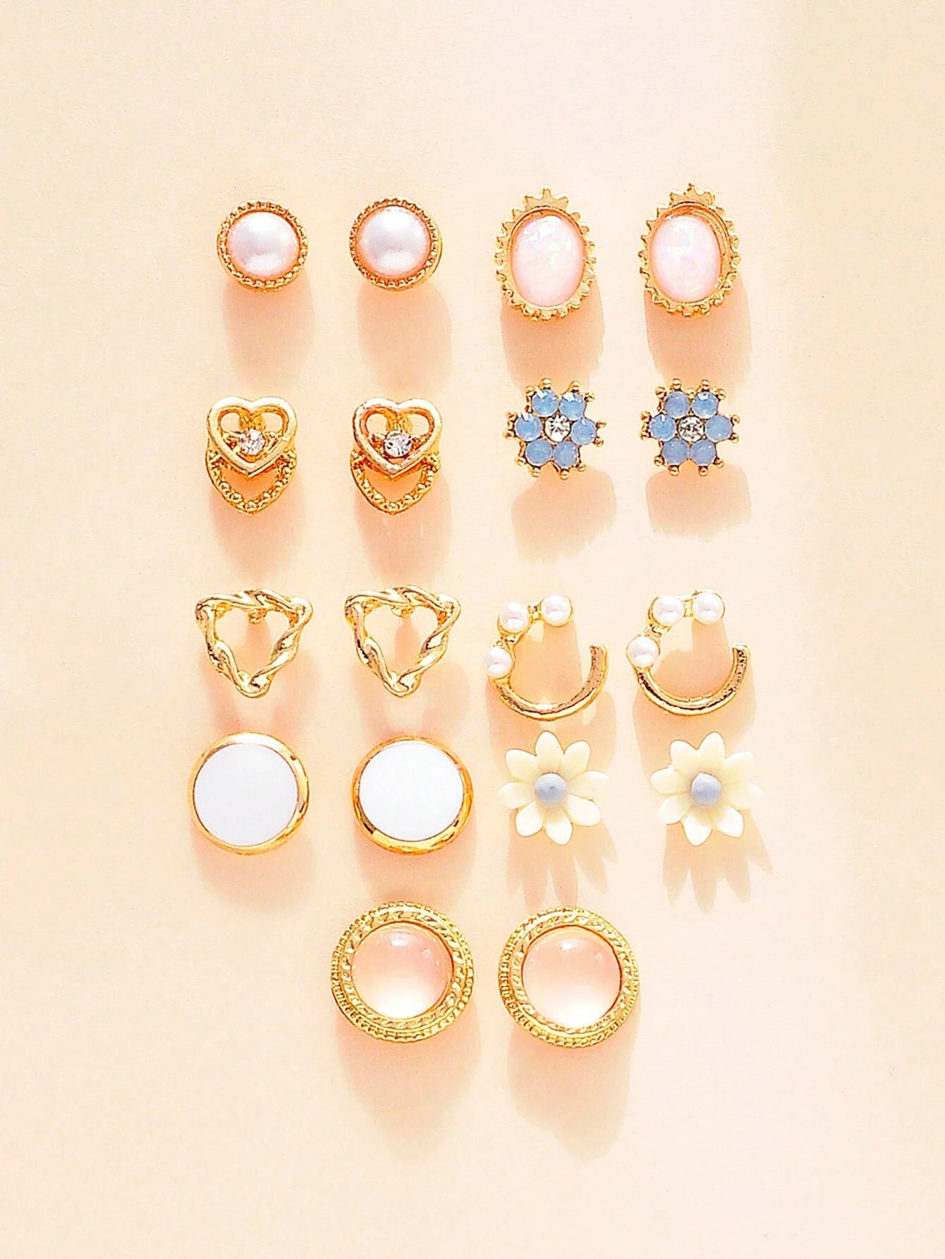 9Pairs/Set Rhinestone & Flower Decor Stud Earrings