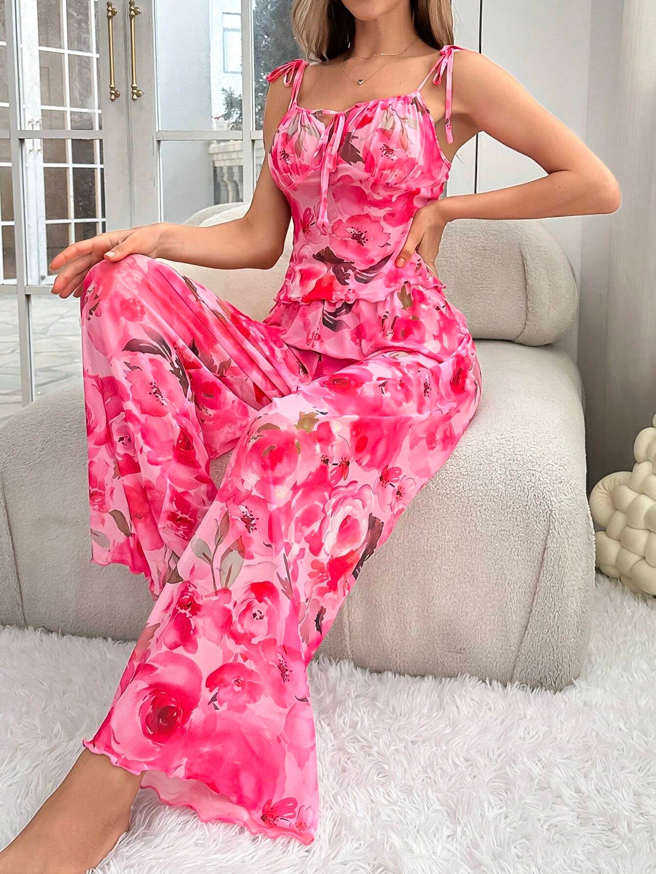 Floral Print Cami Strap Tops & Pants Women'S Pajama Set with Ties
