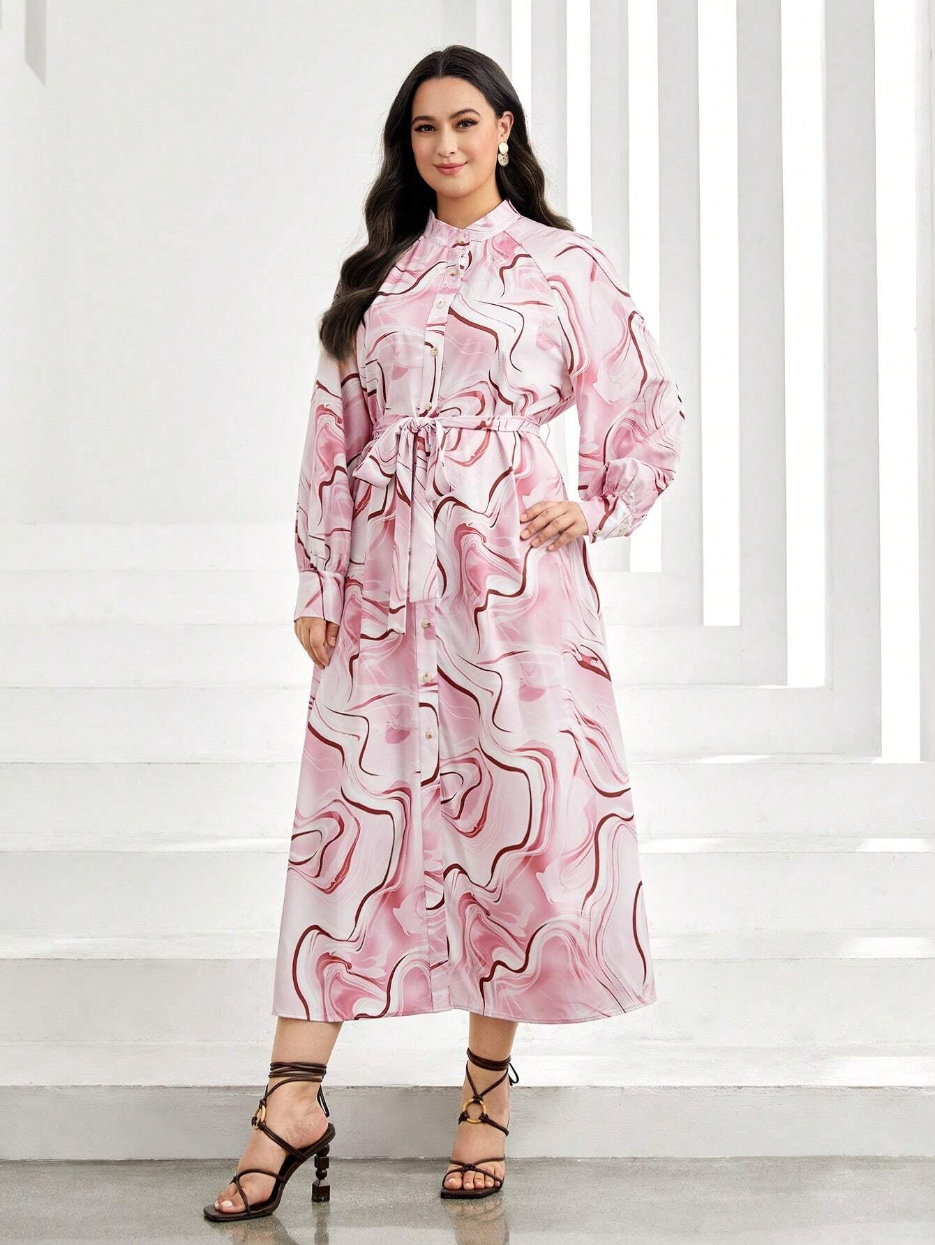 Mulvari plus Allover Print Belted Shirt Dress