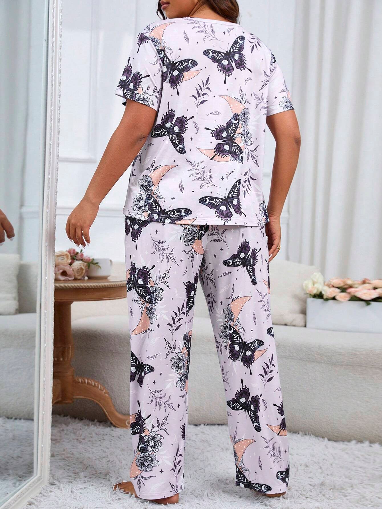 Plus Size Butterfly, Floral & Plants Printed Homewear Set