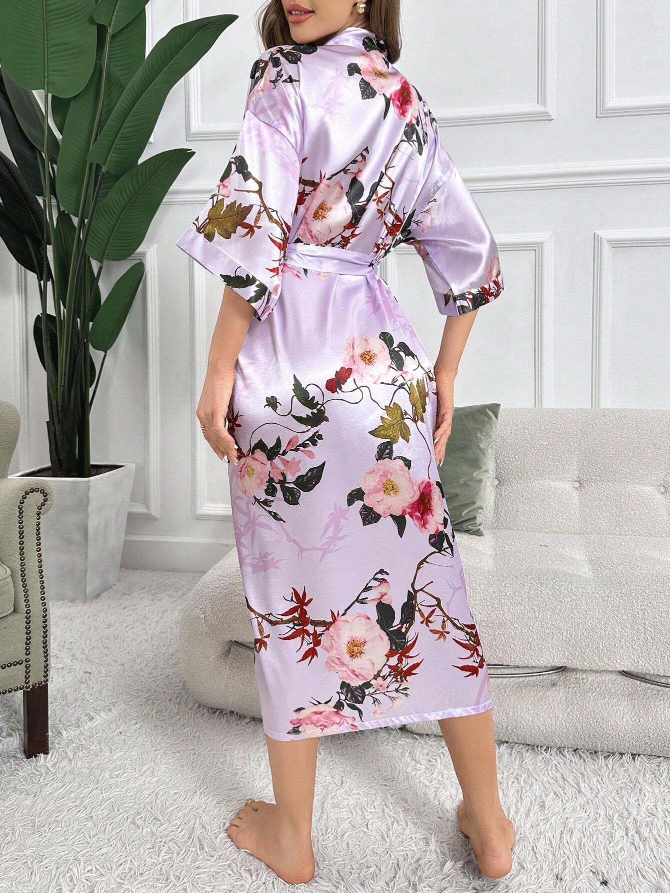 Floral Print Belted Satin Robe