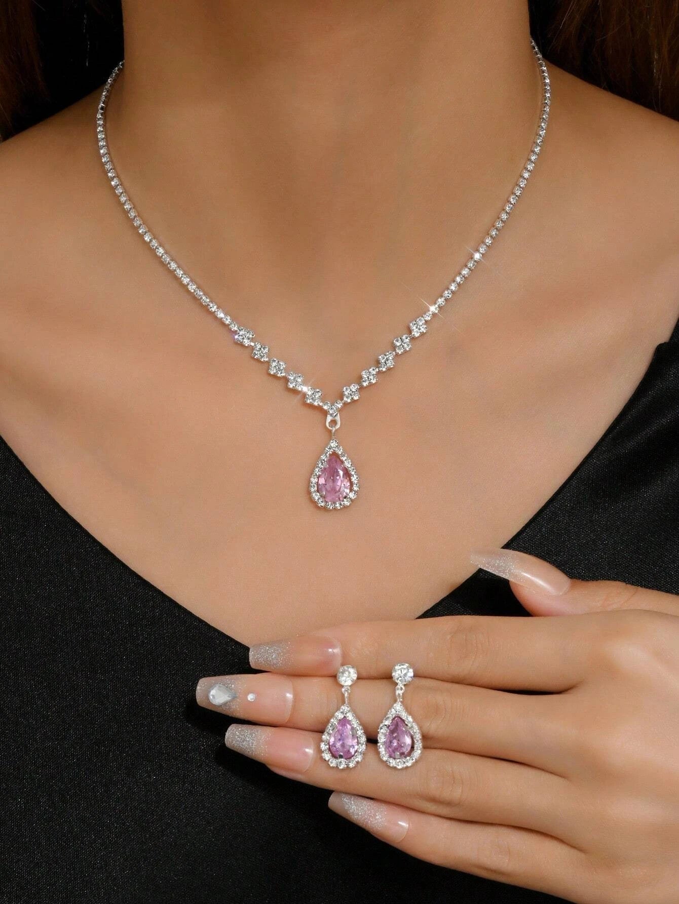 Rhinestone Water-Drop Charm Necklace & Drop Earrings for Women for Party Banquet Wedding