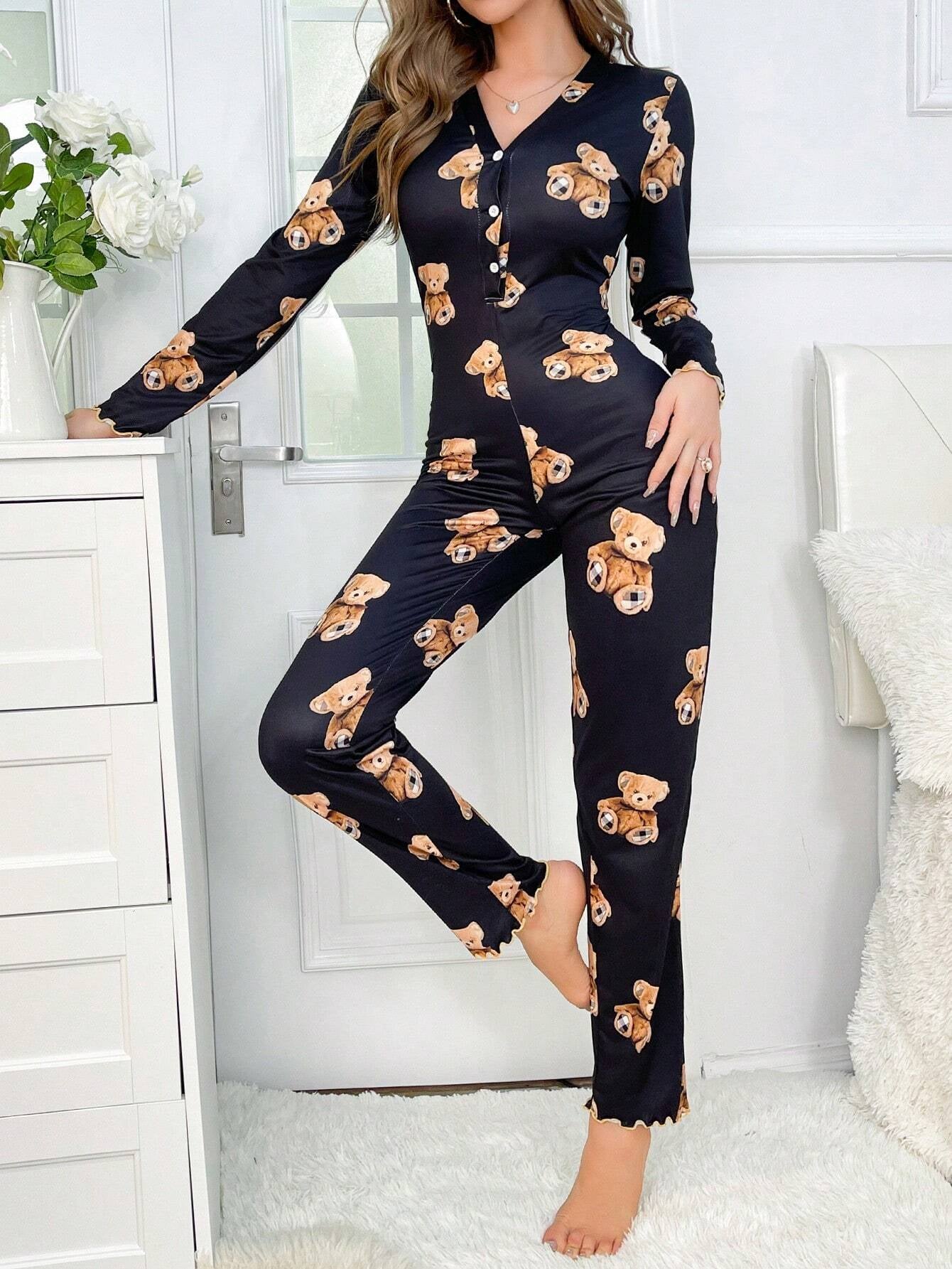 Bear Print Lettuce Trim Button Front Sleep Jumpsuit