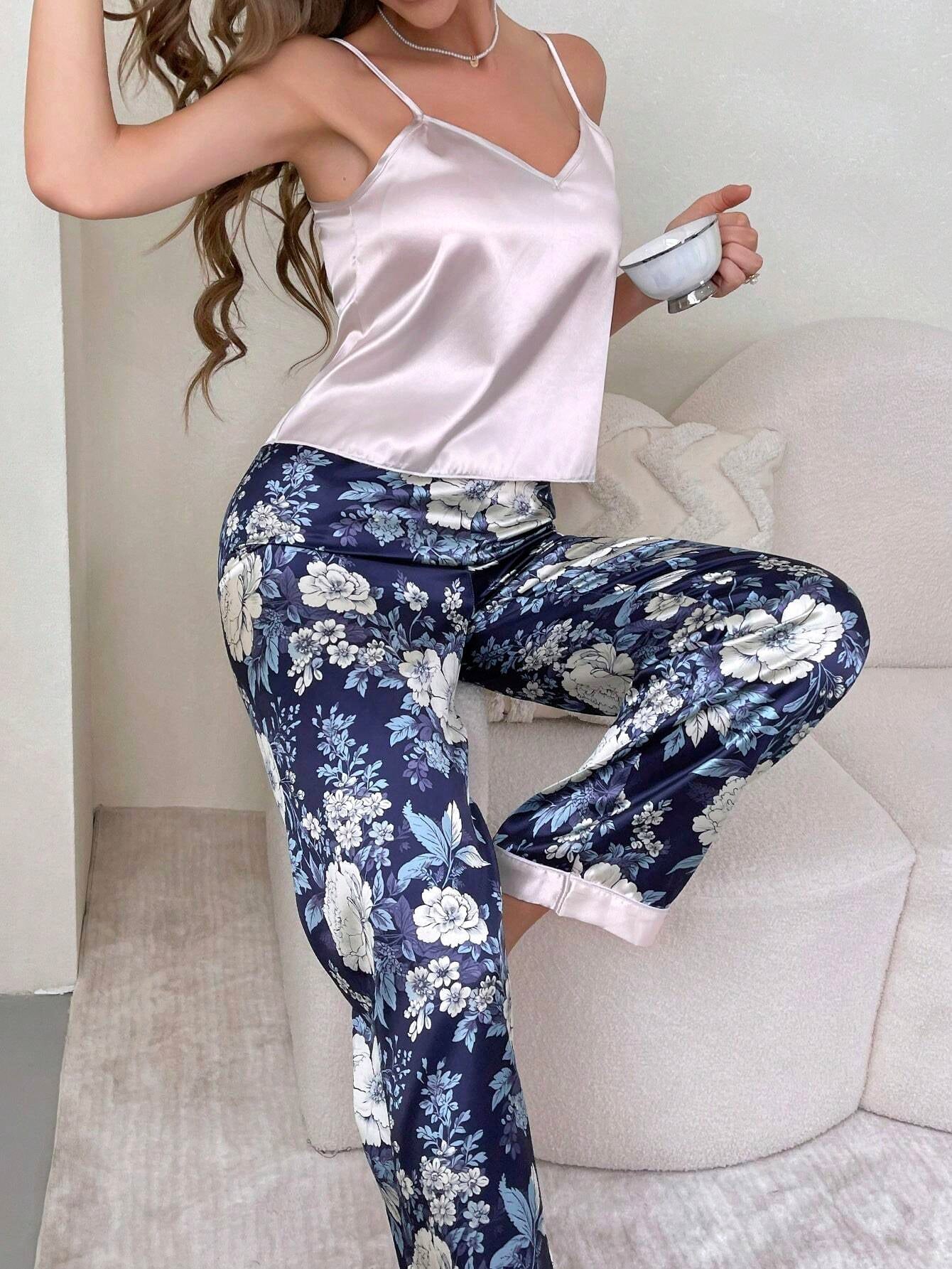 Pati Paints Two Piece Set of Colorblock Floral Print Silk Cami Top and Shorts Pajamas
