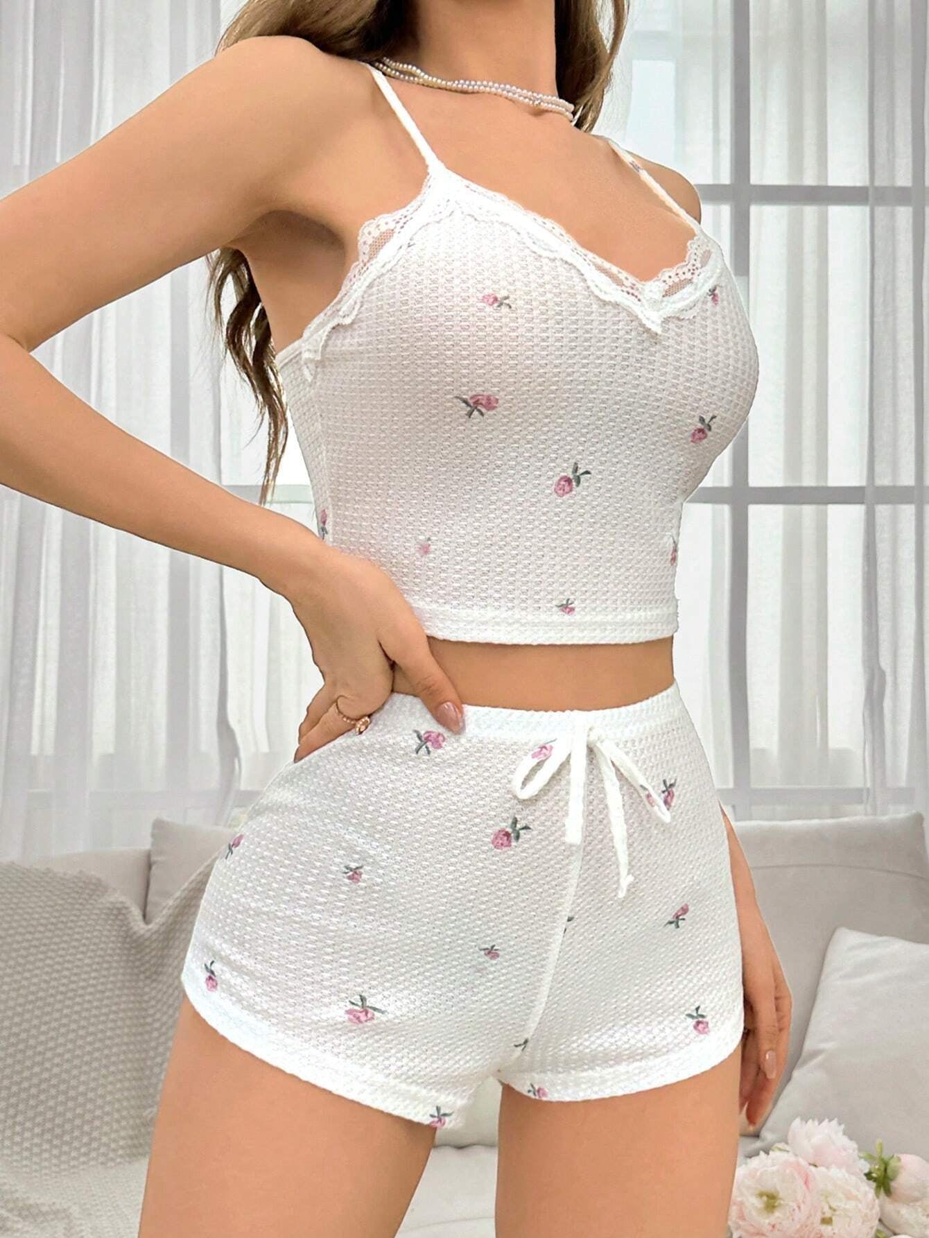 Floral Patterned Pajama Set with Lace Trim