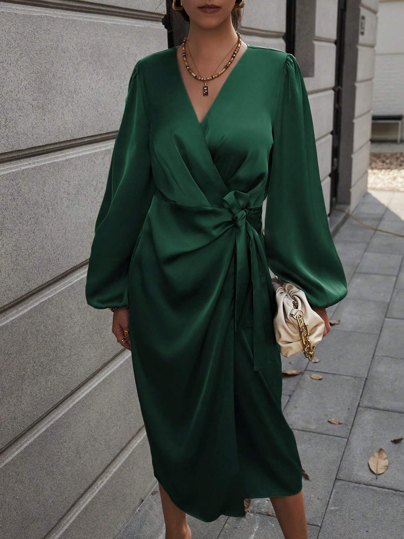 Clasi Lantern Sleeve Knot Side Wrap Satin Dress