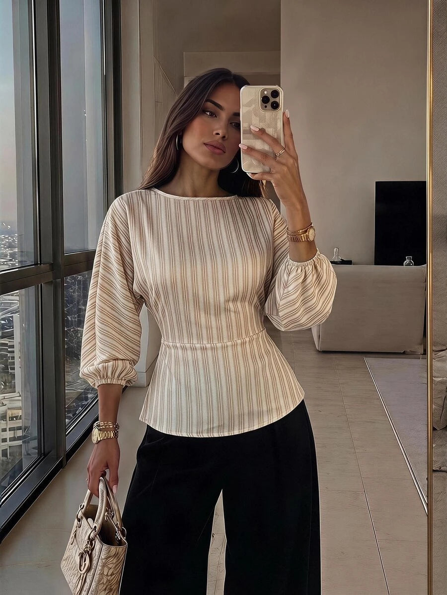 SHEIN Firerie بلوزة نسائية مخططة بياقة دائرية وأكمام جناح الخفاش