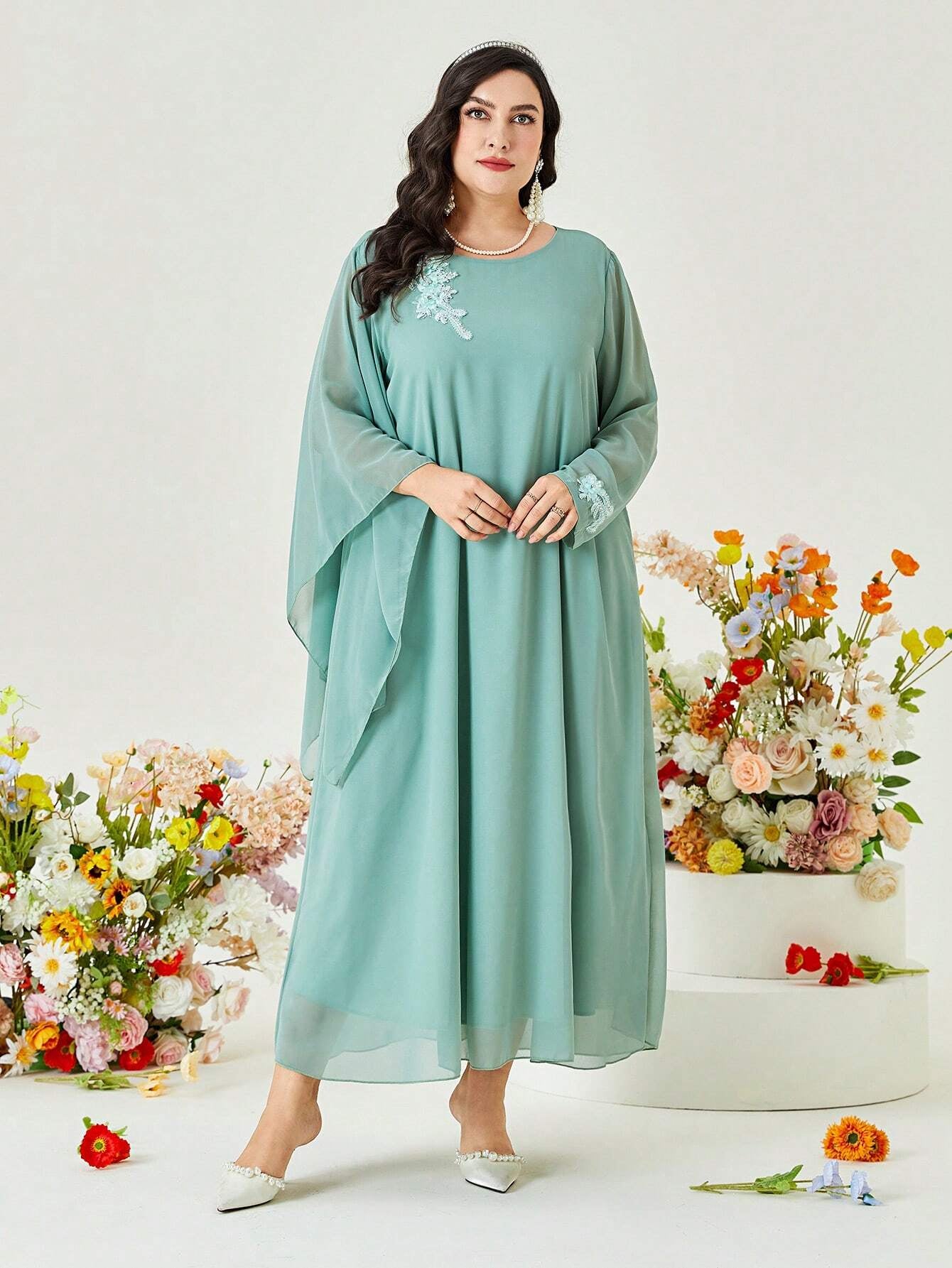 Najma plus Floral Embroidery Draped Detail Dress