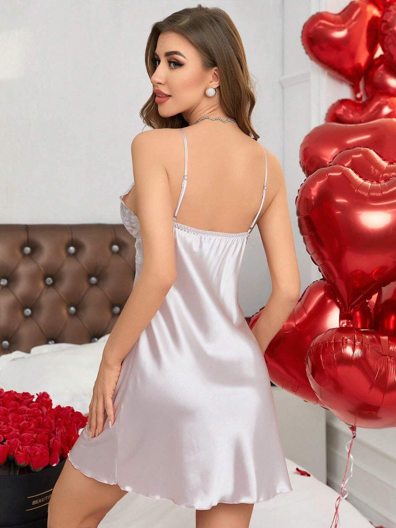 Satin Camisole Slip Dress with Lace Trim