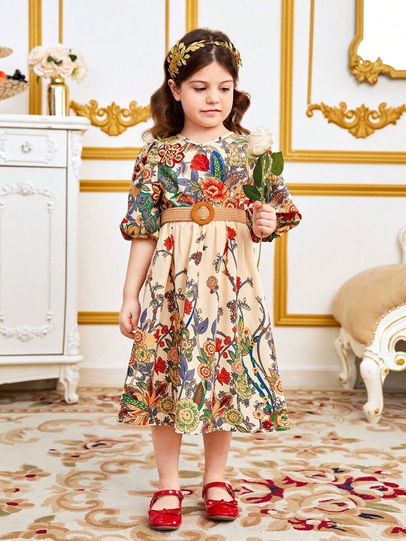 Young Girl Floral Printed V-Neck Puff Sleeve Dress