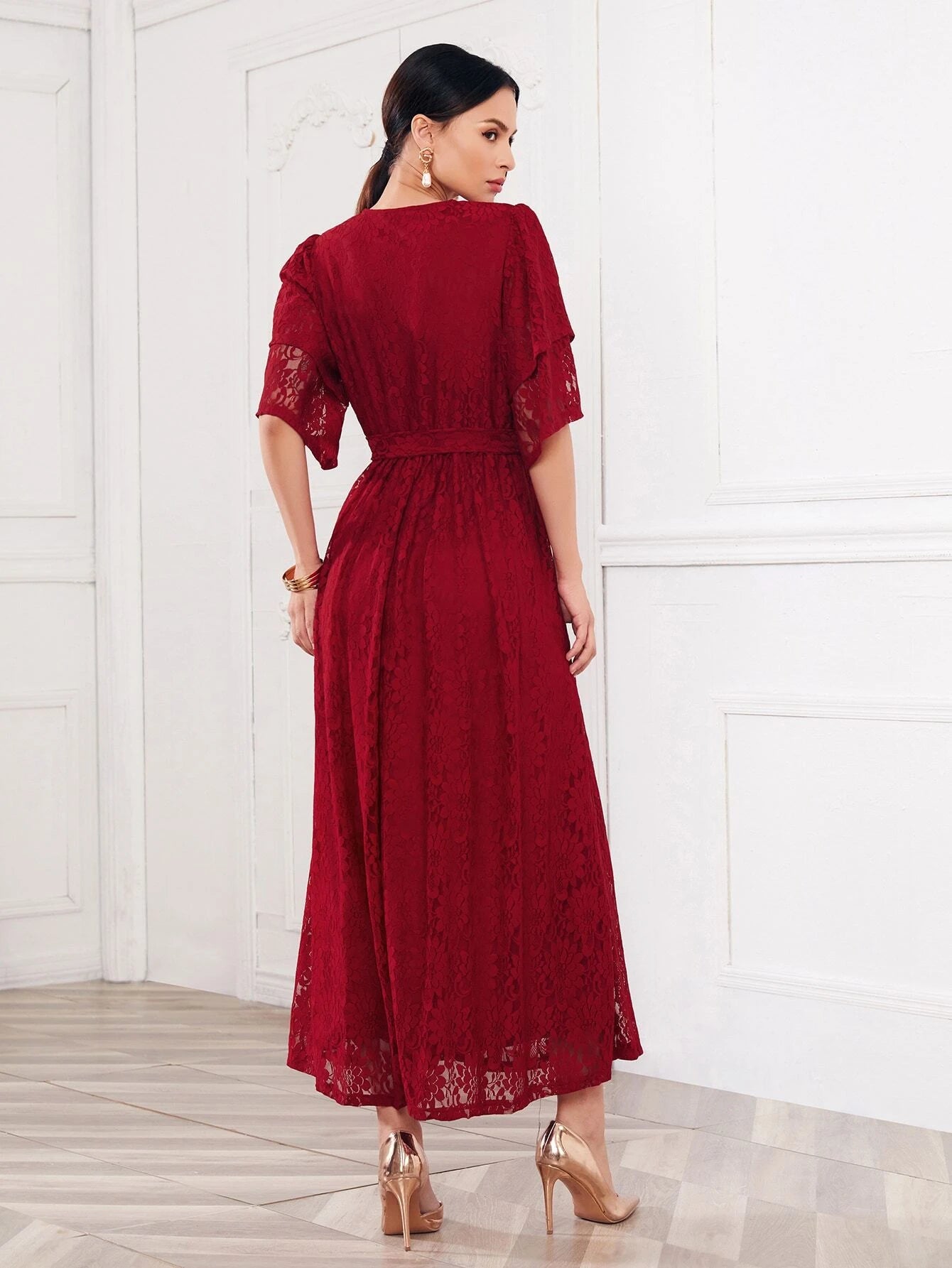 Modely Surplice Neck Butterfly Sleeve Belted Lace Overlay Dress