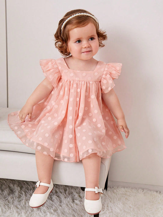 Baby Girl'S Sweet Polka Dot Mesh Dress with Square Neckline and Short Flutter Sleeves