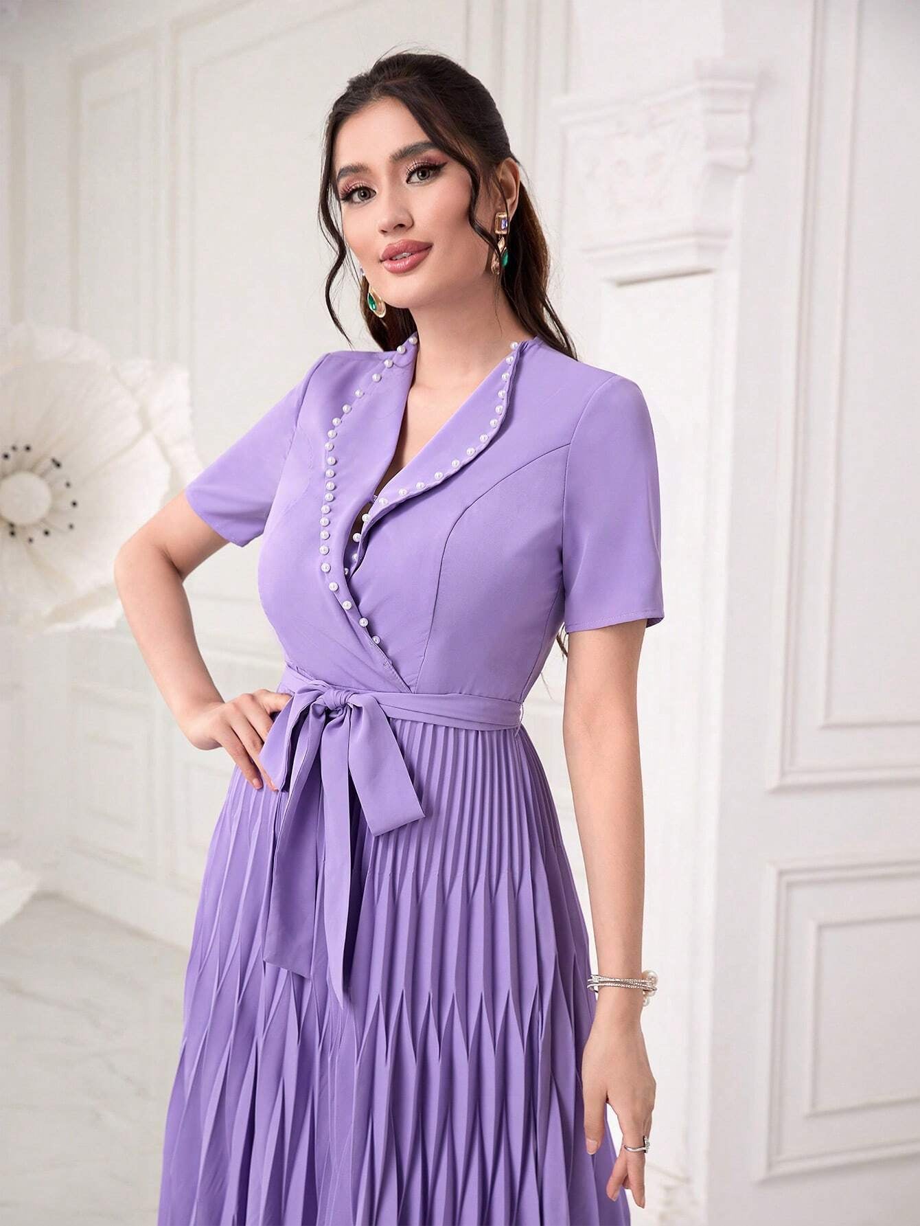 Modely Pearls Beaded Detail Belted Pleated Hem Dress