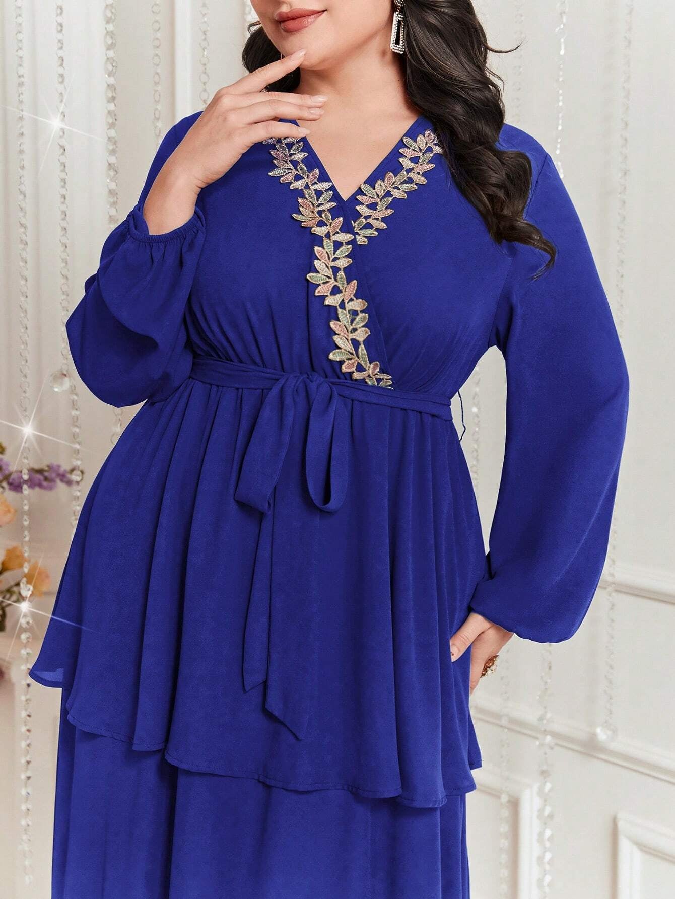 Modely plus Size Embroidered Decor Lantern Sleeve Dress