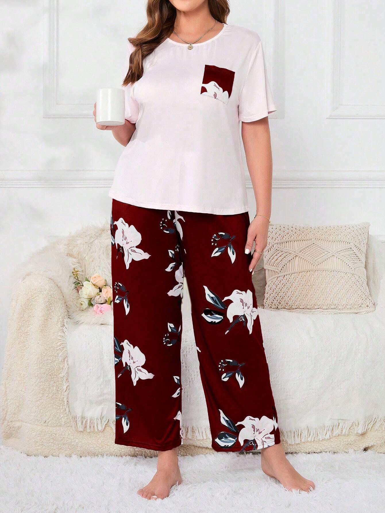 Plus Size Flower Print Pajama Set