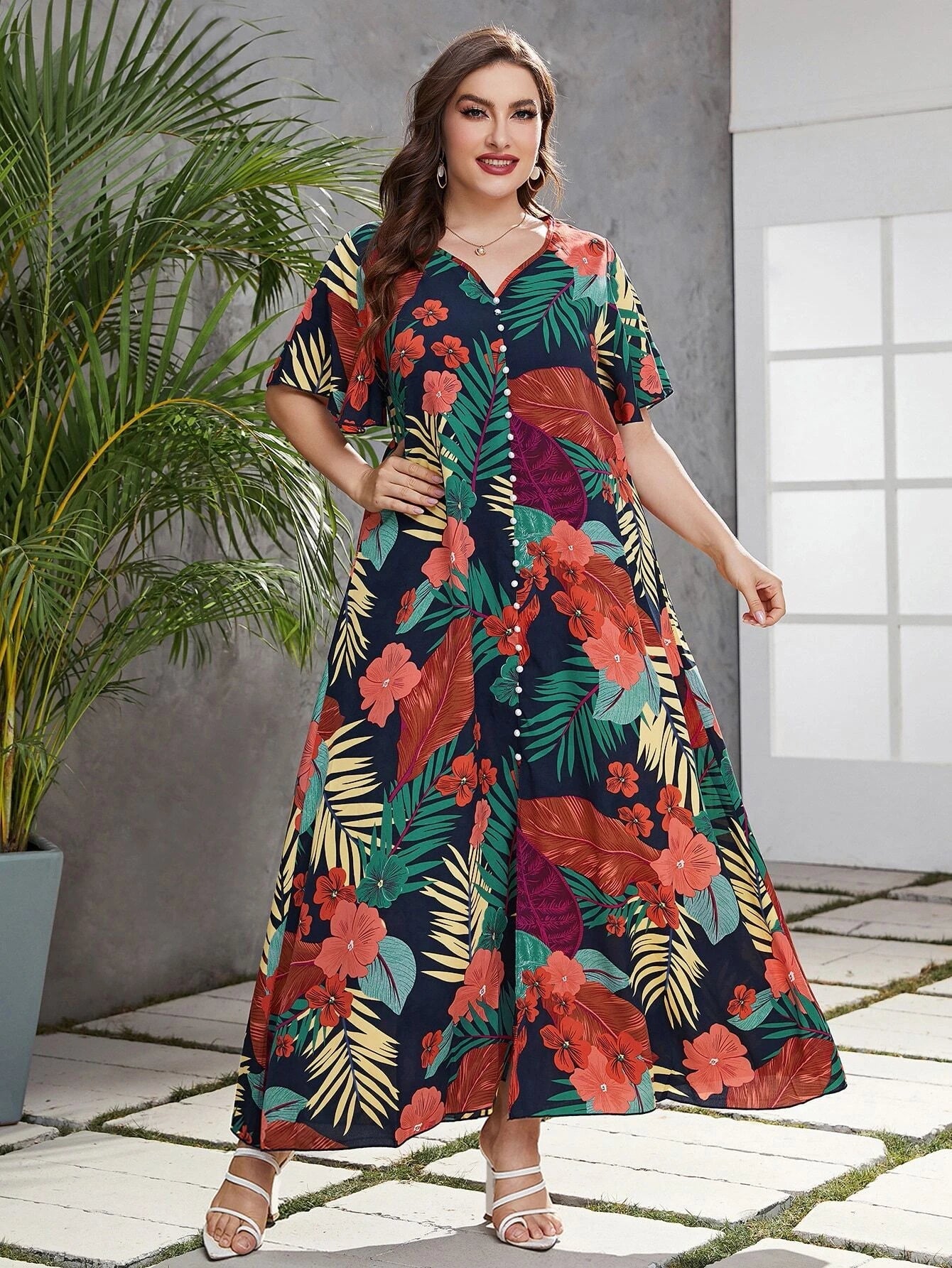 Mulvari plus Tropical Print Butterfly Sleeve Fake Button Dress