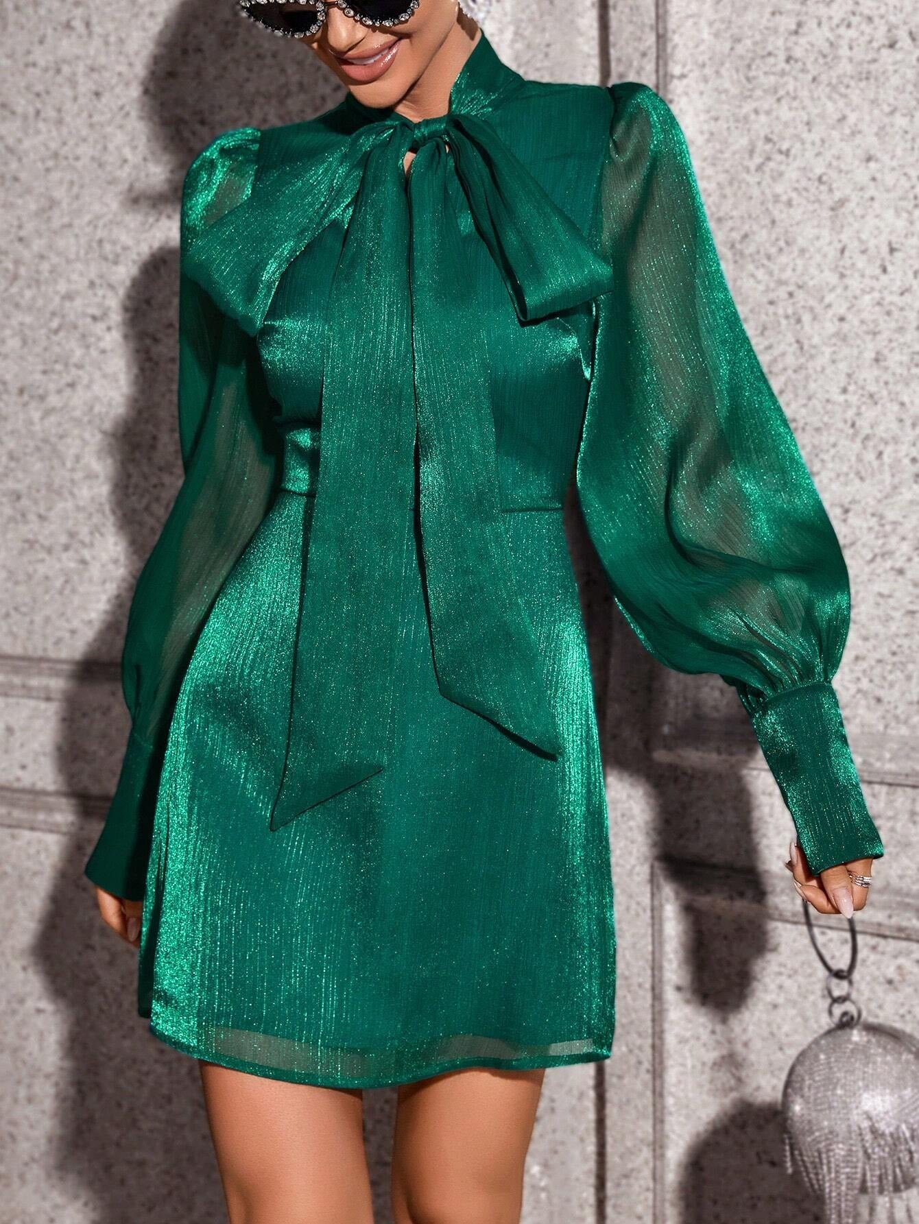 Privé Lantern Sleeve Tie Neck Dress
