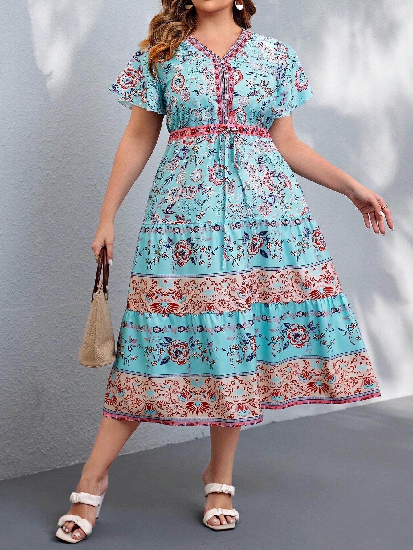 VCAY plus Size Random Printed V-Neck Dress