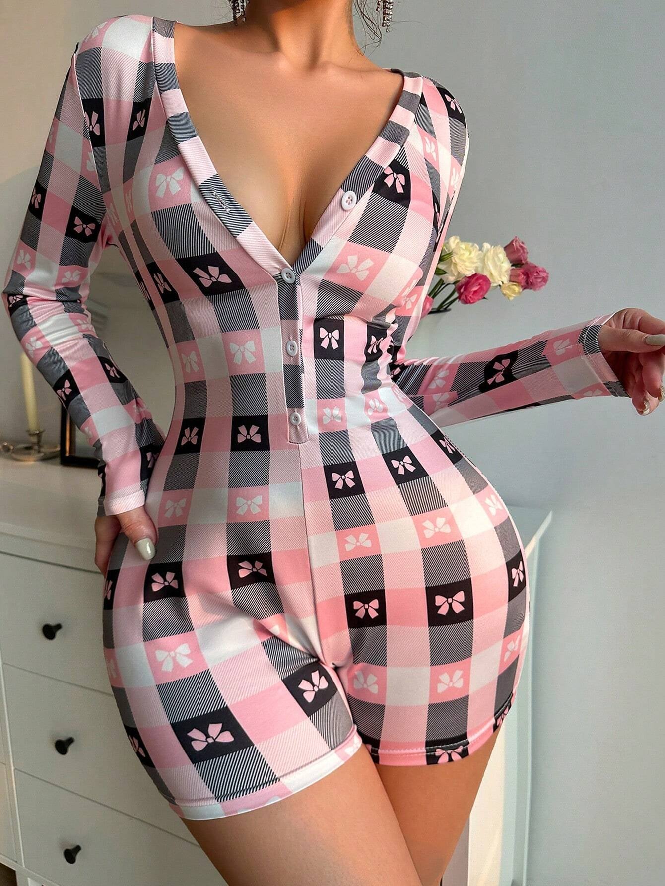 Women'S Plaid Bow Print Pajama Romper