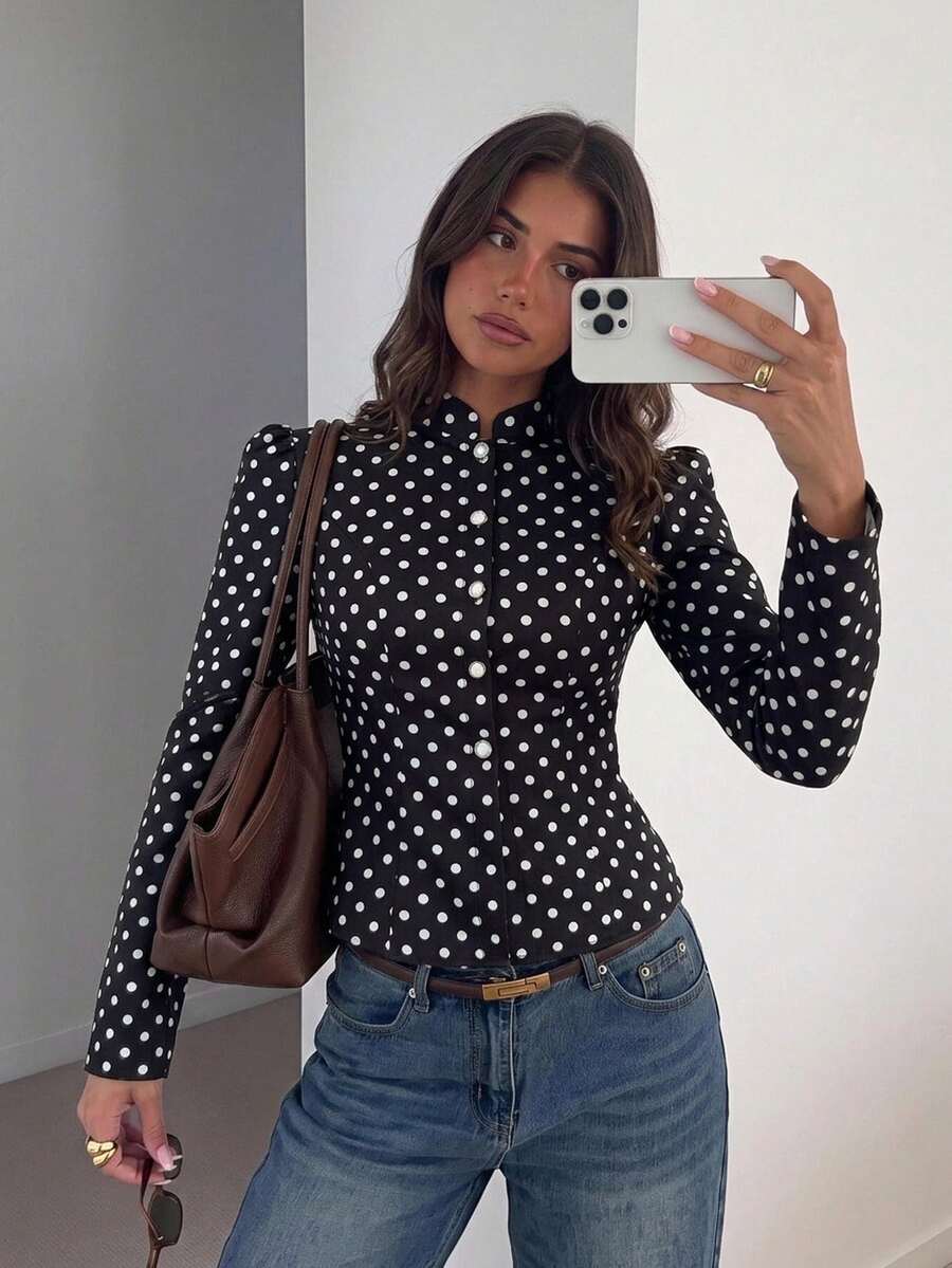 SHEIN Siren Gaze جاكيت نسائي قصير بأكمام طويلة ونقشة نقاط وأزرار أمامية