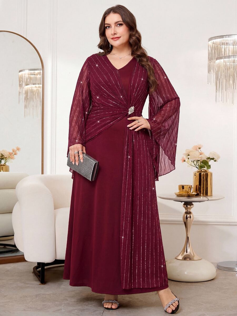 SHEIN Reflora فستان عنابي للمقاسات الكبيرة بأكمام جرس مزين بالراينستون