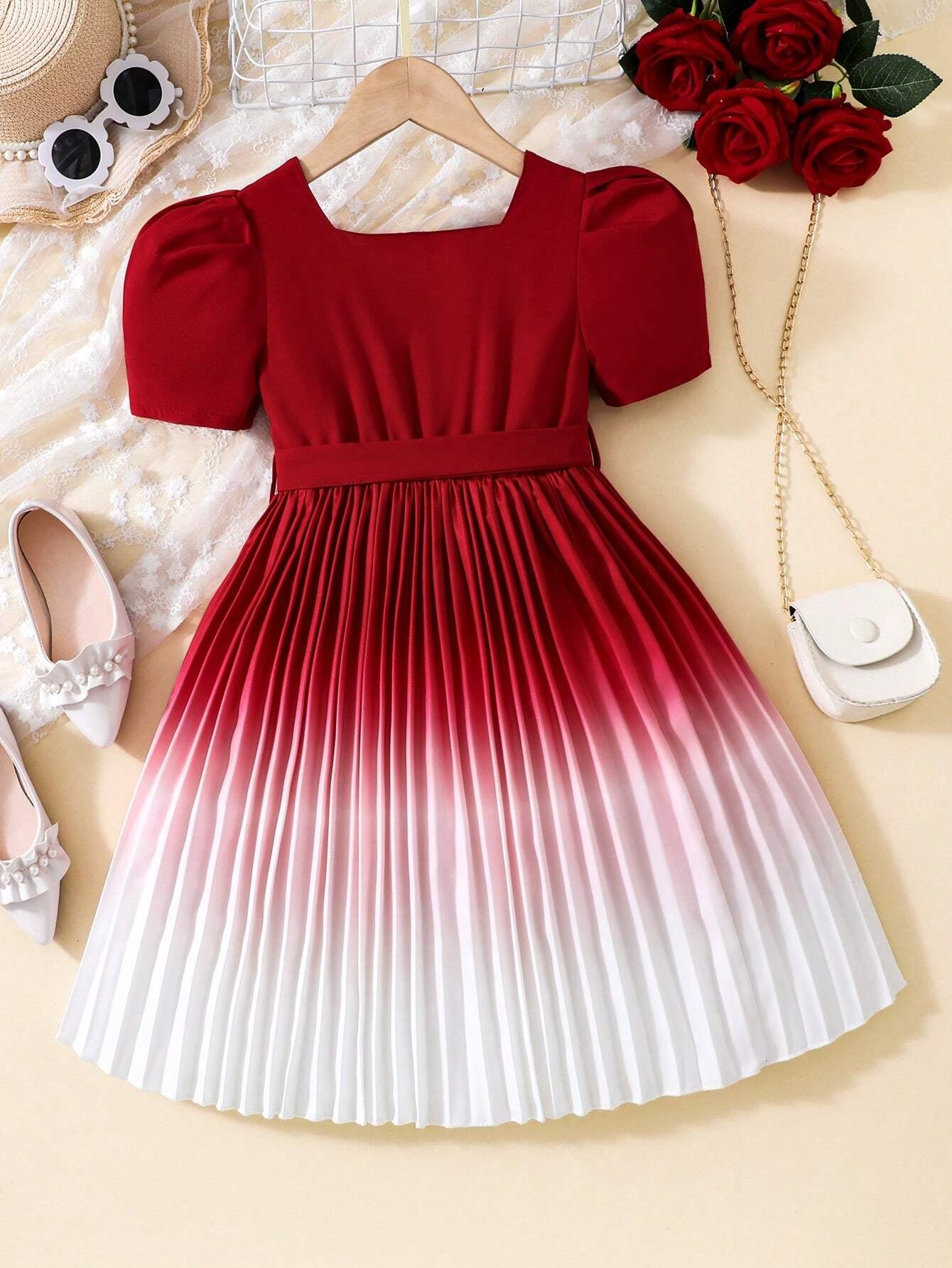 Young Girl Ombre Puff Sleeve Pleated Hem Belted Dress