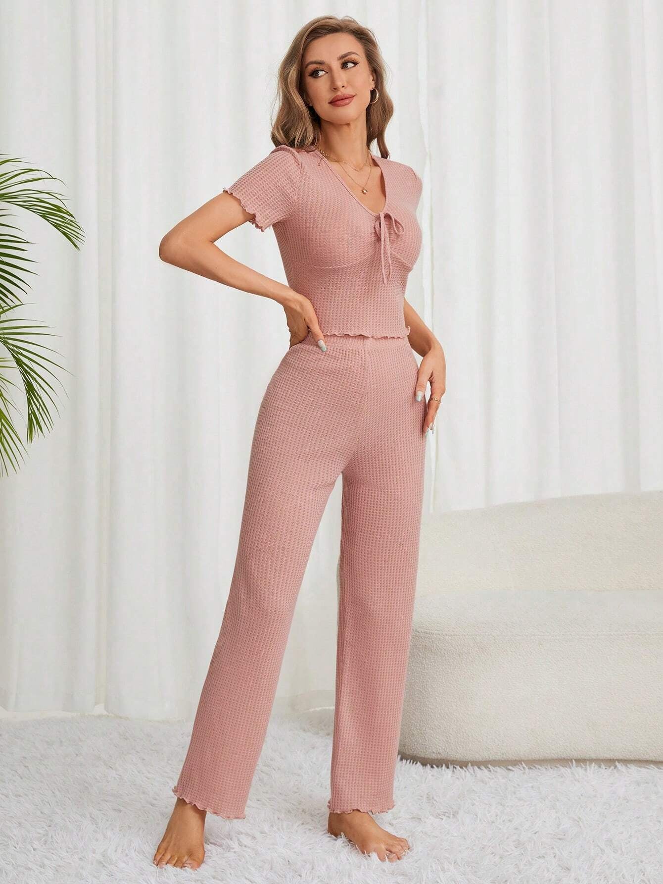 Frilled Edge Monochromatic Pajamas Set