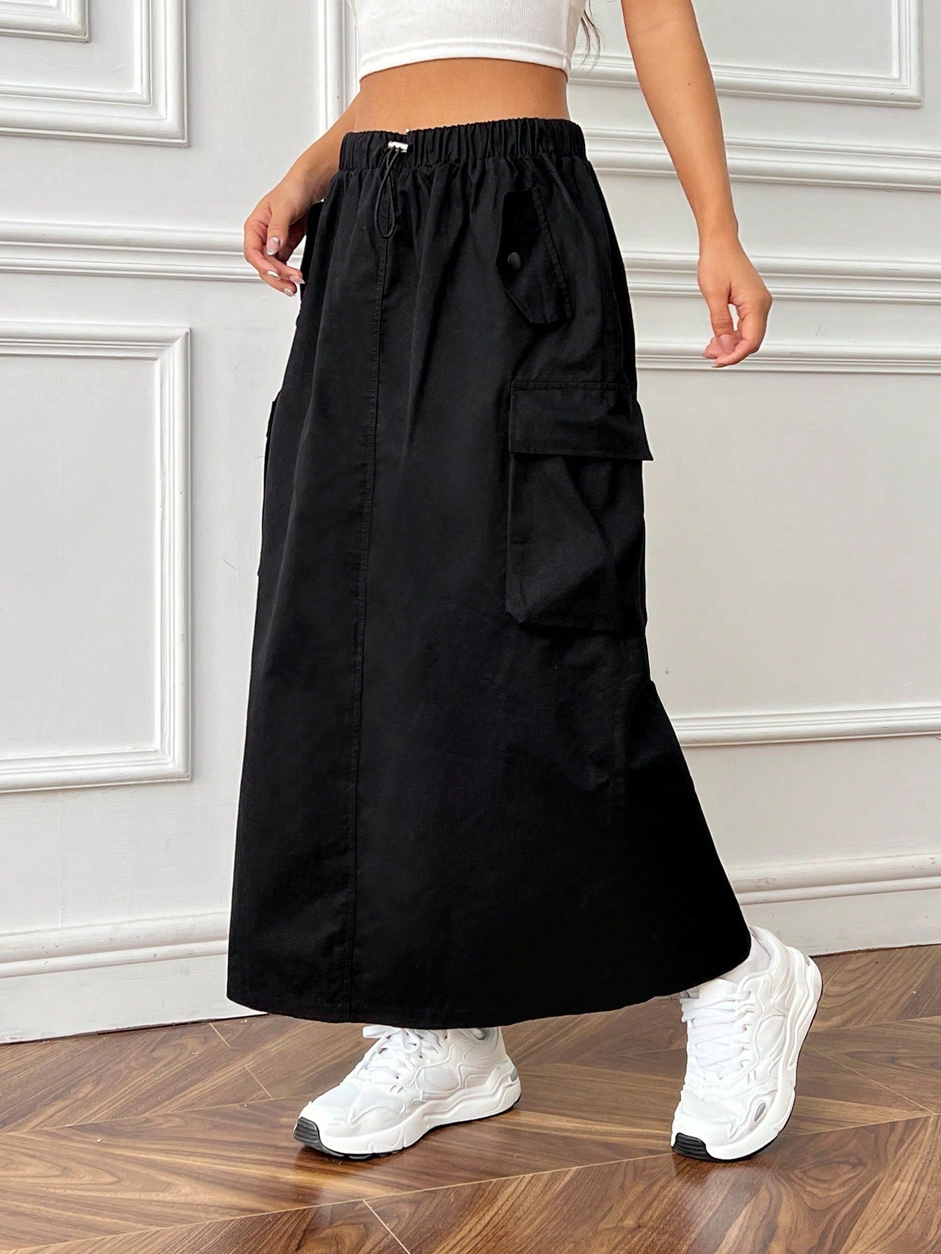 Ezwear Flap Pocket Side Drawstring Waist Cargo Skirt