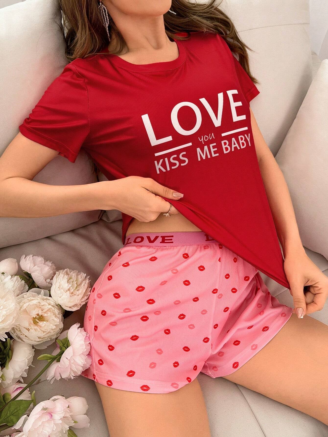 Women'S Short Sleeve Pajama Set with Letter Print