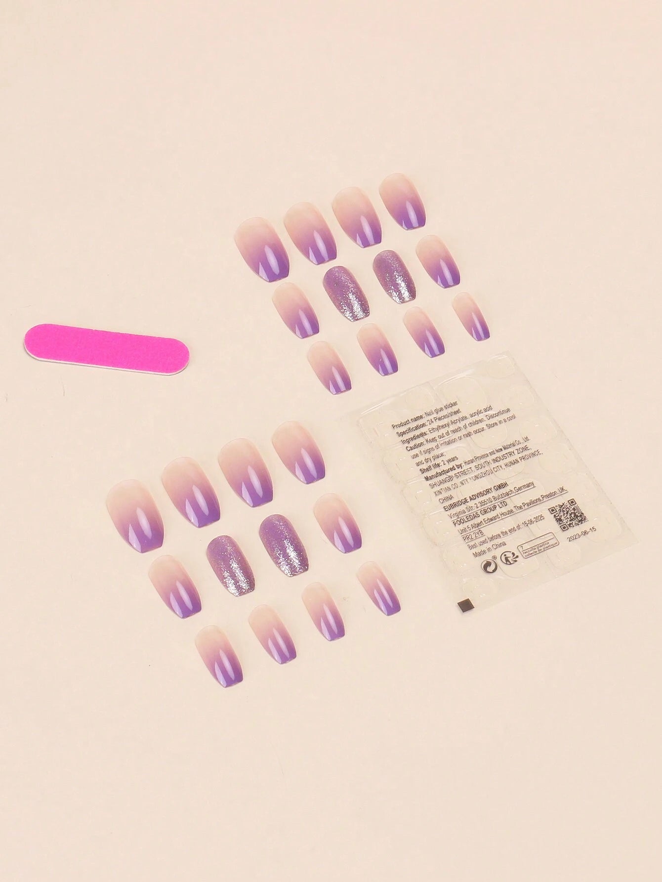 Instantly Elevate Your Look with This Set of 24Pcs Short Ballet Shaped Purple Gradient Pearl Light Glitter Japanese Style Nail Tips, with 1Pc Jelly Gel and One File. Suitable for Parties, Balls, and Daily Wear.
