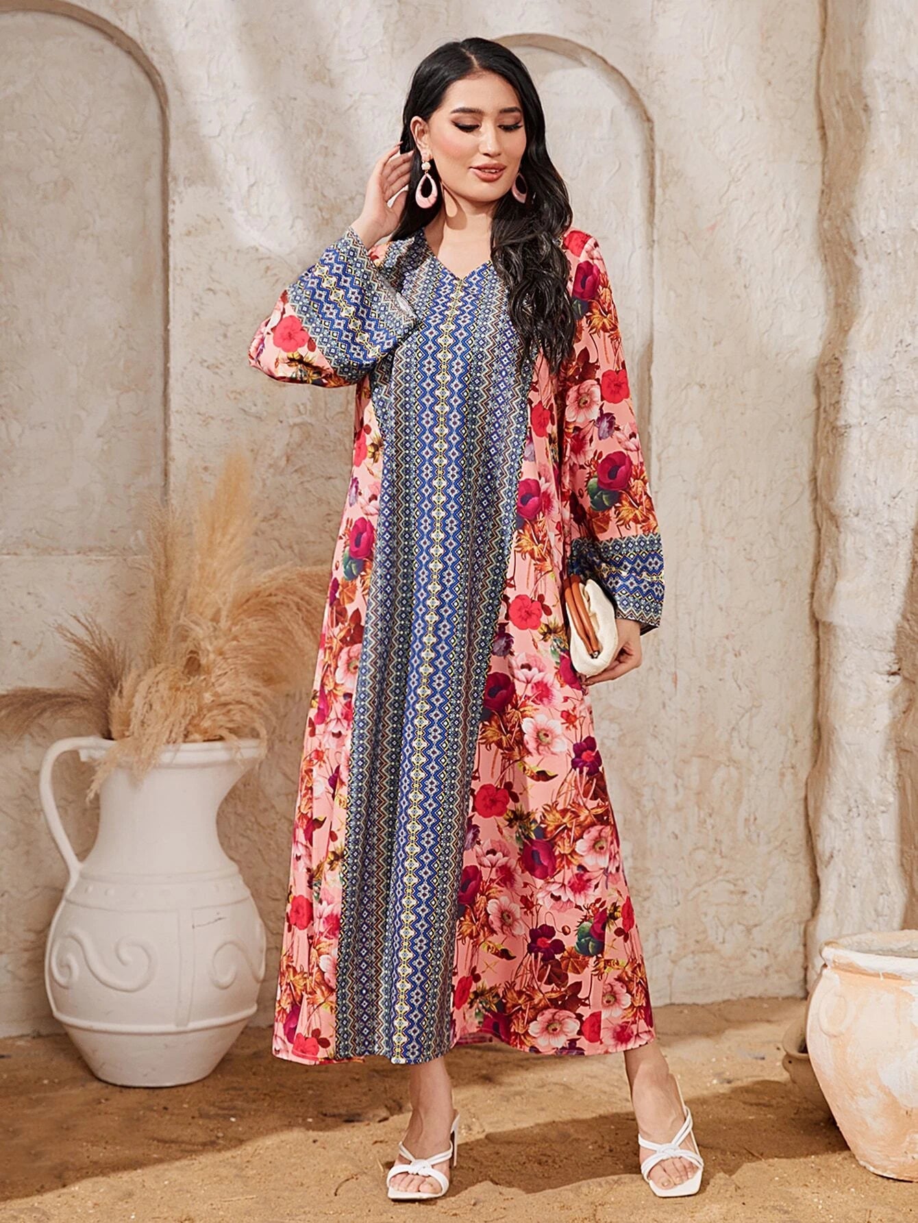 Najma Floral Print V Neck Flounce Sleeve Dress