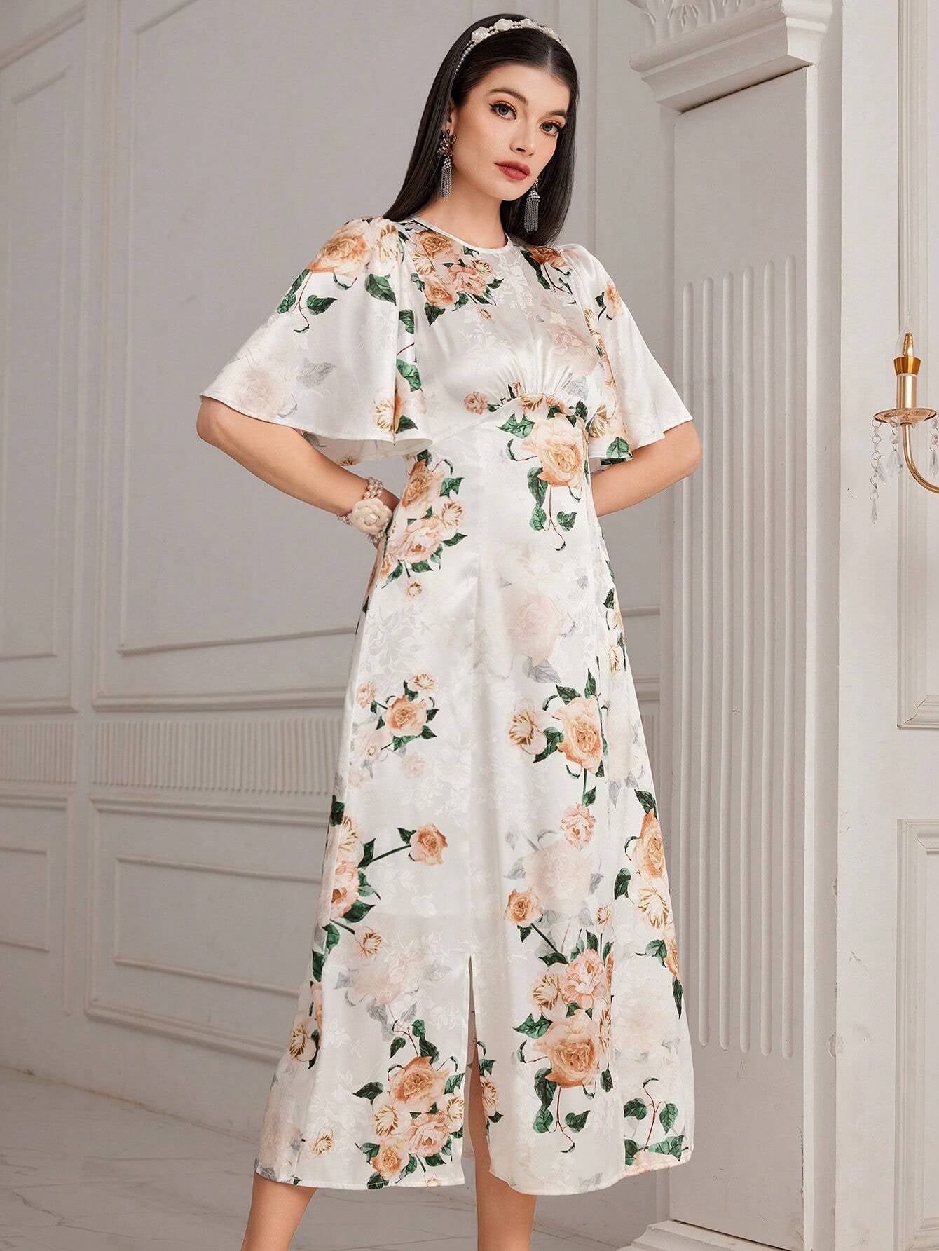 Modely Women'S Floral Printed Butterfly Sleeve Dress