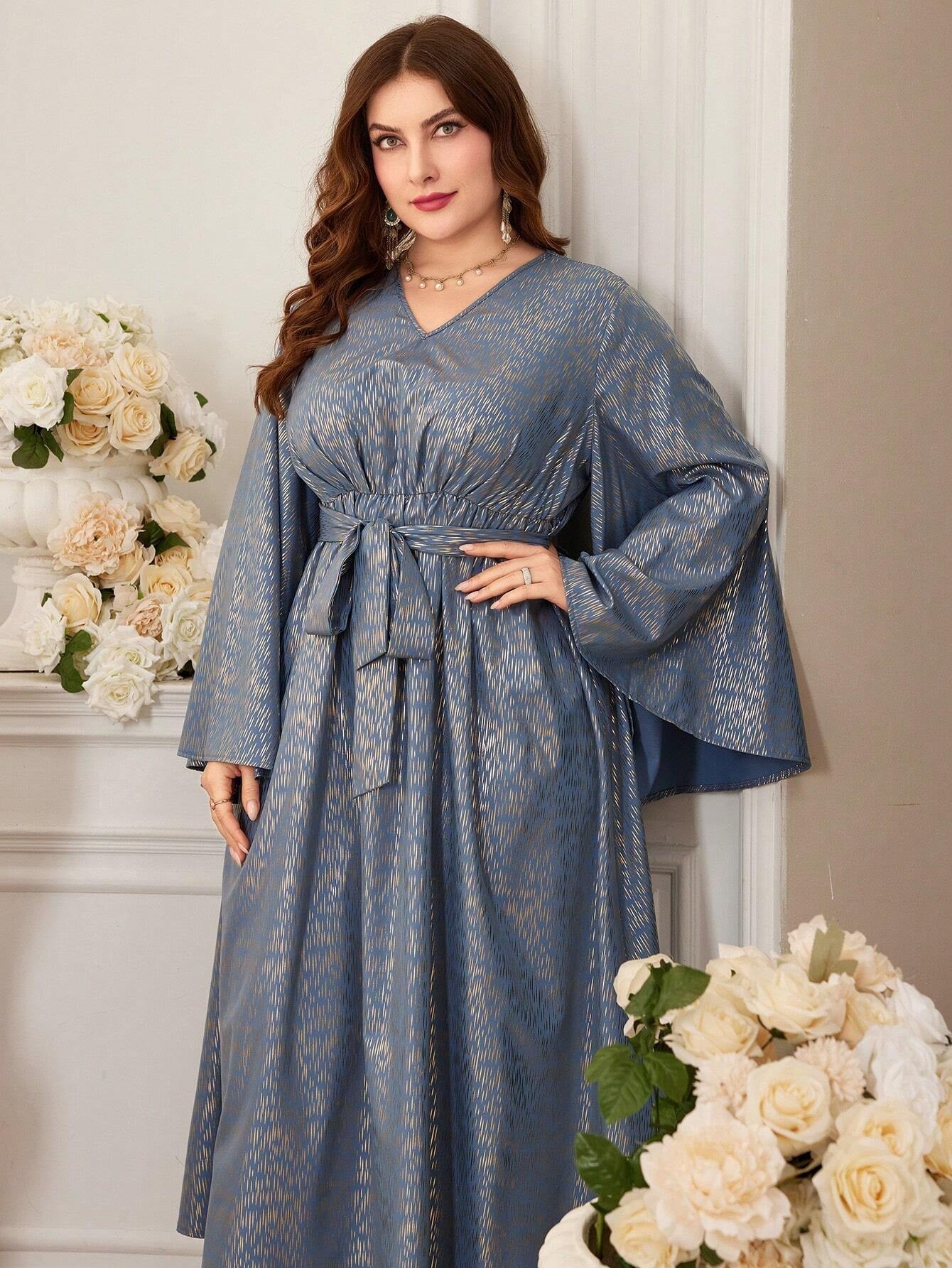 Modely plus Size Women'S Fashion Gold Plated Trumpet Sleeve Dress