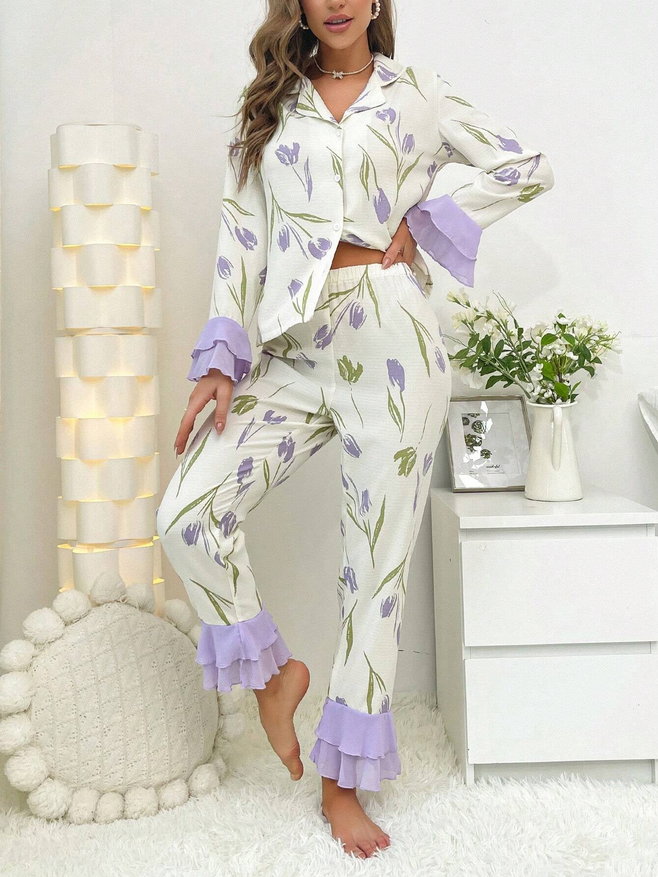 Double Layer Bell Sleeve Floral Print Loungewear Suit