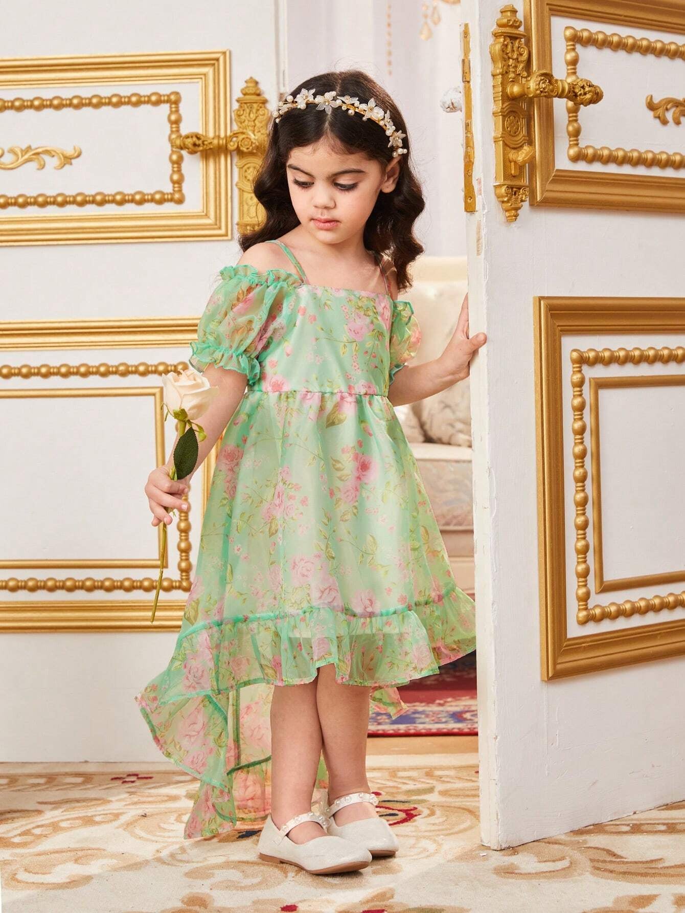 Young Girl Slim Fitted Gorgeous Holiday Puff Sleeve High Low Maxi Dress